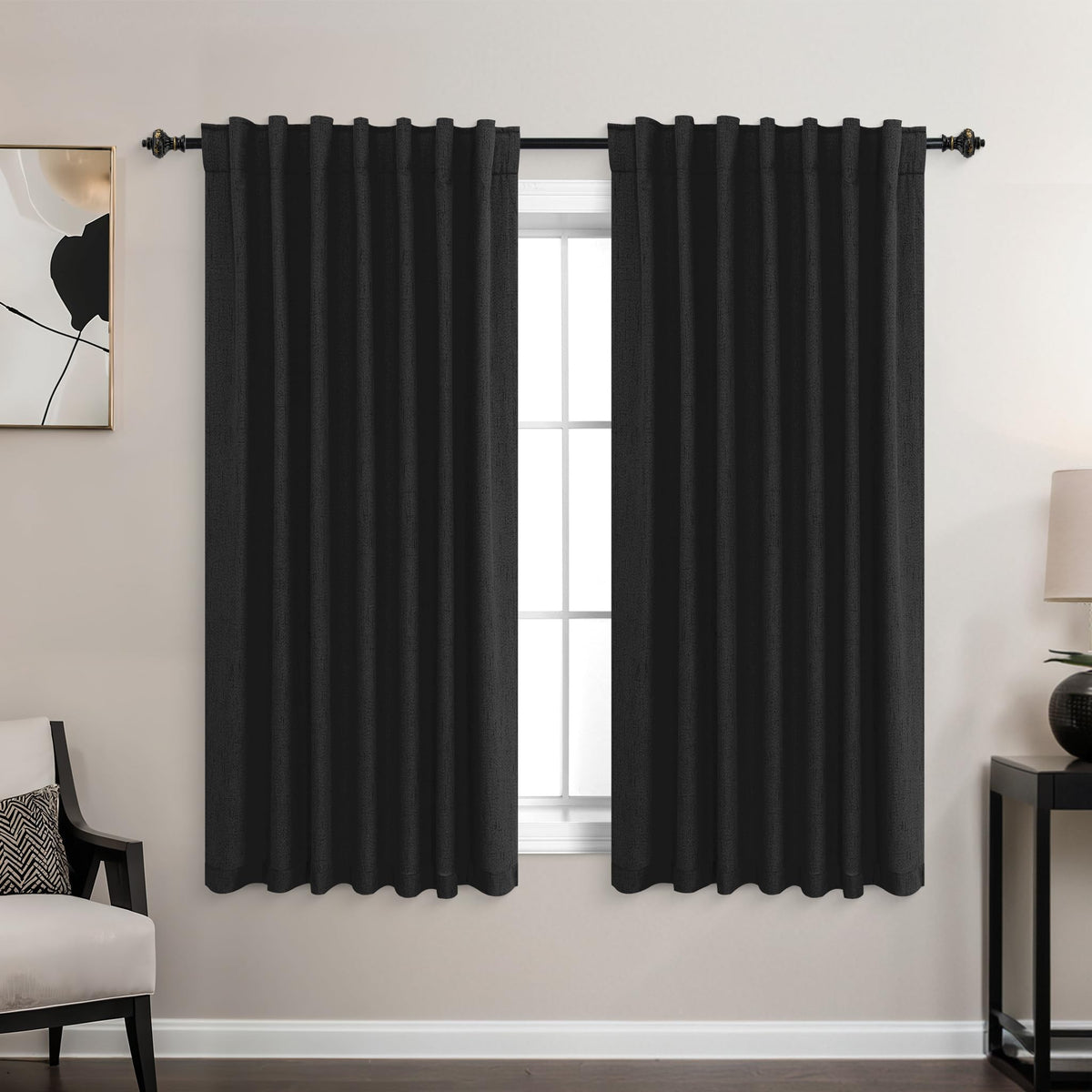 Koufall Back Tab Linen Blackout Curtains For Living Room-Black-52X54