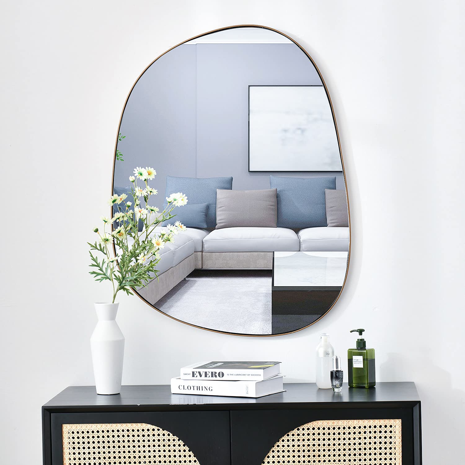 ELEHUME Asymmetrical Mirror for Wall Decor 27 *35 , Modern Brass Framed Wall Mirror for Living Room Bathroom Bedroom Entryway EL