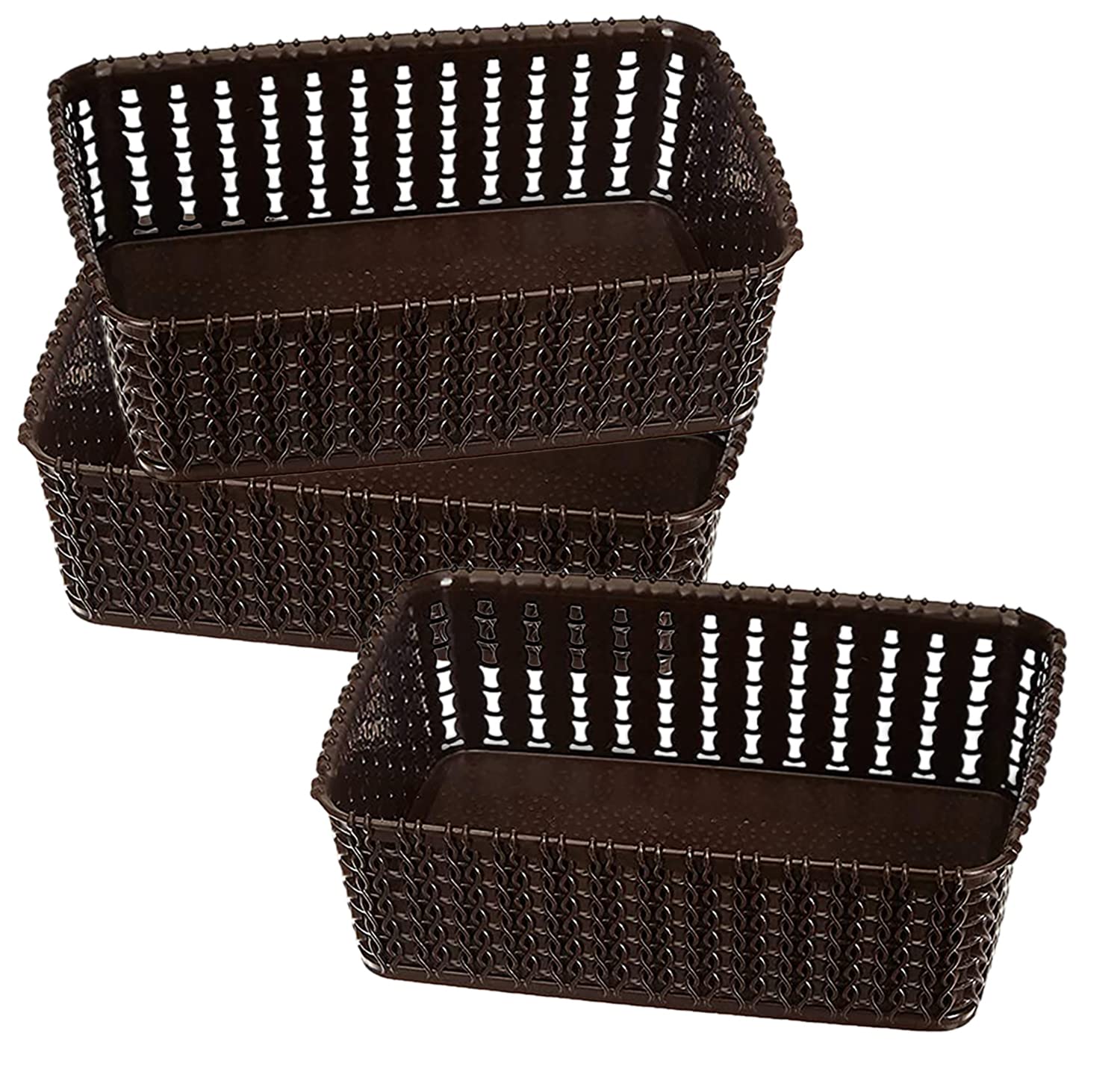 Kuber Industries Multiuses Small M 15 Plastic Tray/Basket/Organizer Without Lid Pack Of 3 (Brown) 46Km0113