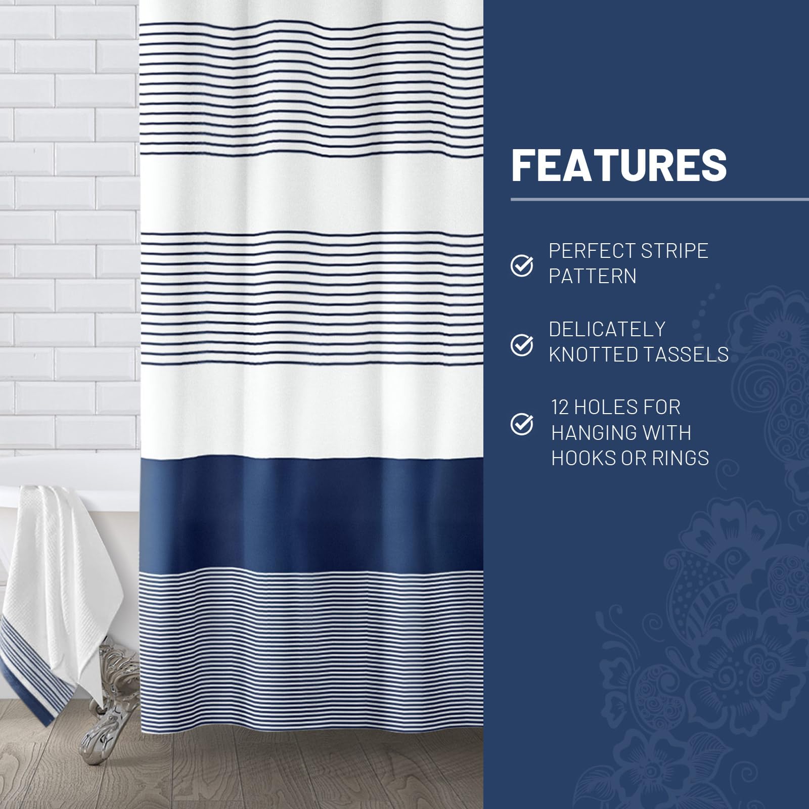 Awellife Boho Shower Curtain For Bathroom Stripe Shower Curtain 72 X 72 Inches Farmhouse Linen (Navy)