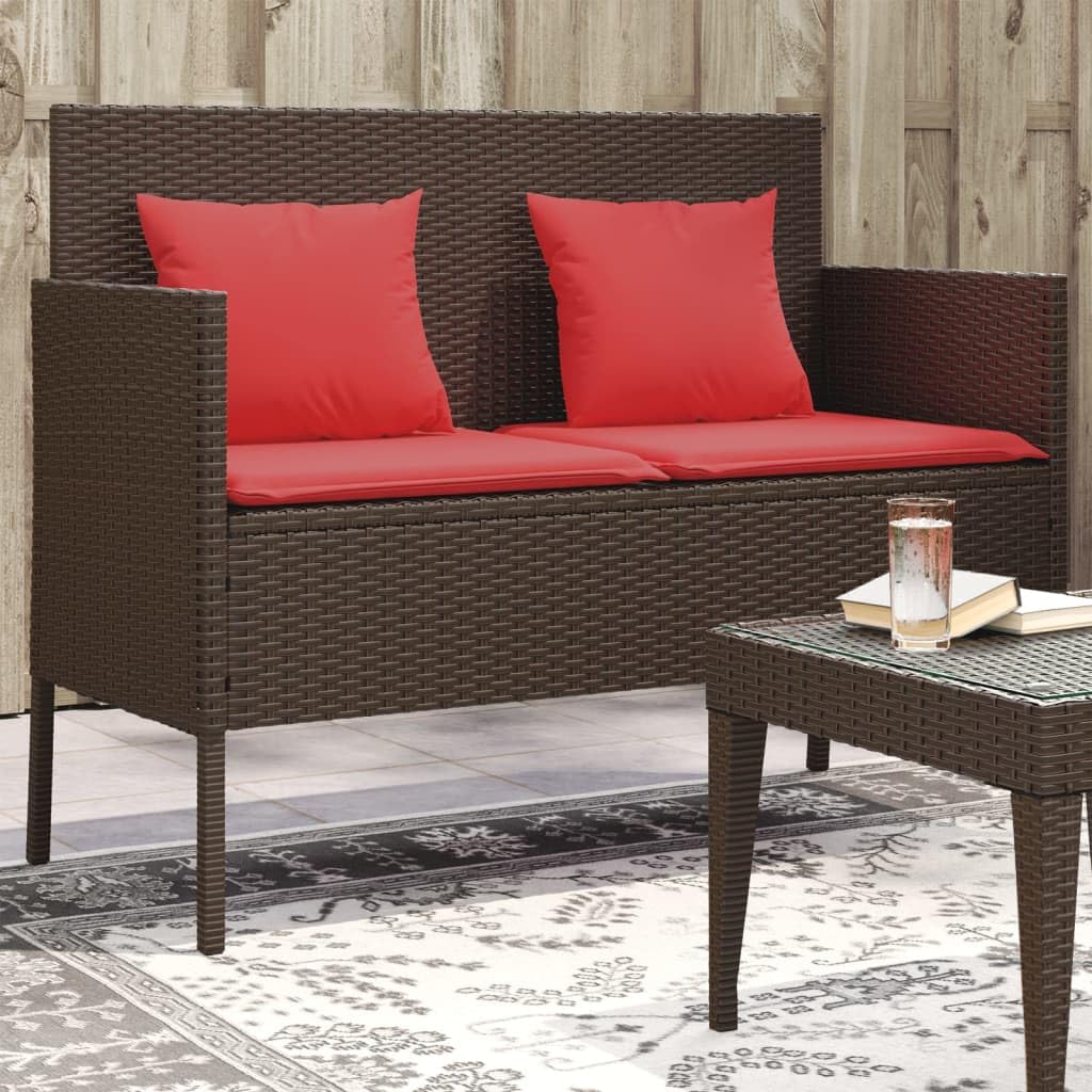 vidaXL Outdoor Loveseat Patio Bench - Brown Poly Rattan with Red Cushions, Comfortable Seating & Storage, 44.5&quot; Width, Modern Style
