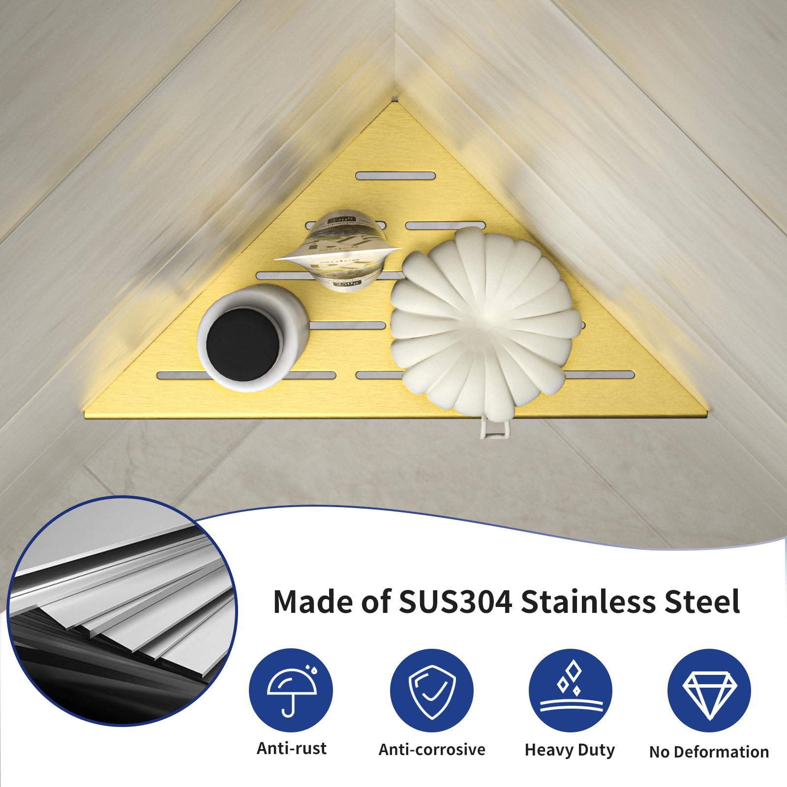 Bernkot Corner Shower Shelf, 304 Stainless Steel Bathroom Shelf For Tiled Wall, Grout In Shelves (Gold, 10''-2 Pack)