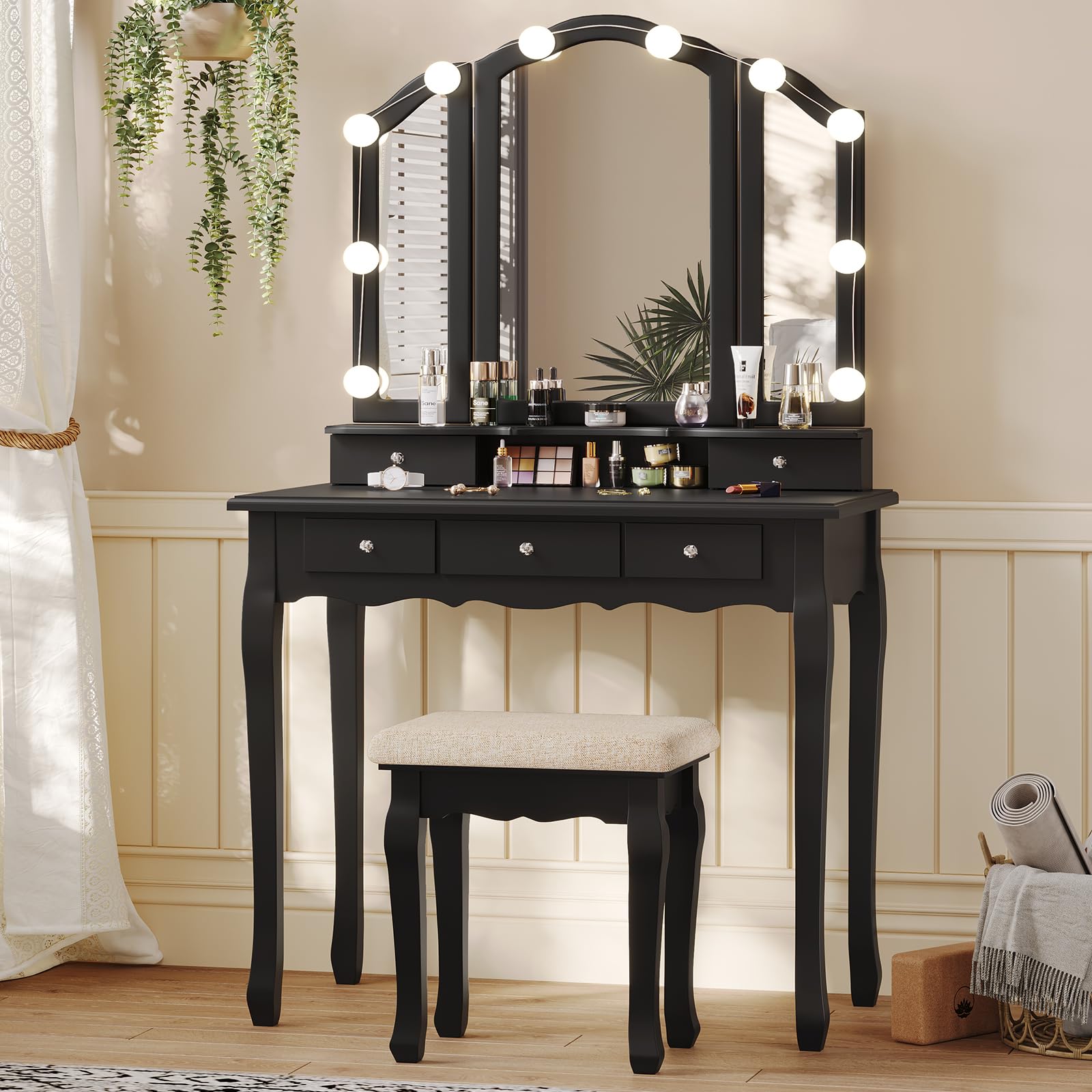 Tiptiper Makeup Vanity with Lights, Vanity Desk with 10 Light Bulbs & 3 Color Lighting Modes, Vanity Table with 5 Drawers and Cu
