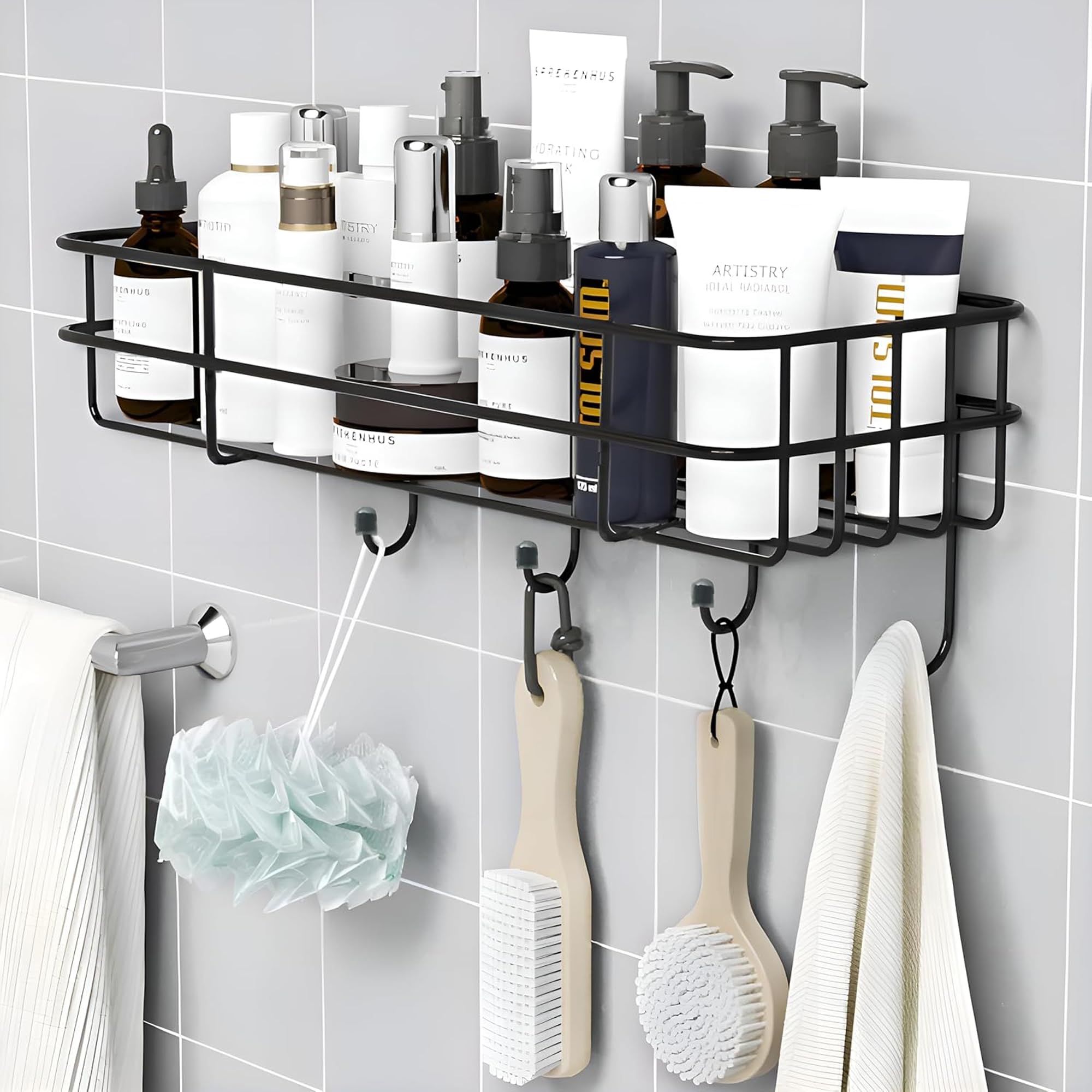 Sulfar Steel Self Adhesive Bathroom Shelf For Wall/Shelf Organizer/Kitchen With Magic Stickers  Pack Of 1 (Black, Powder Coated