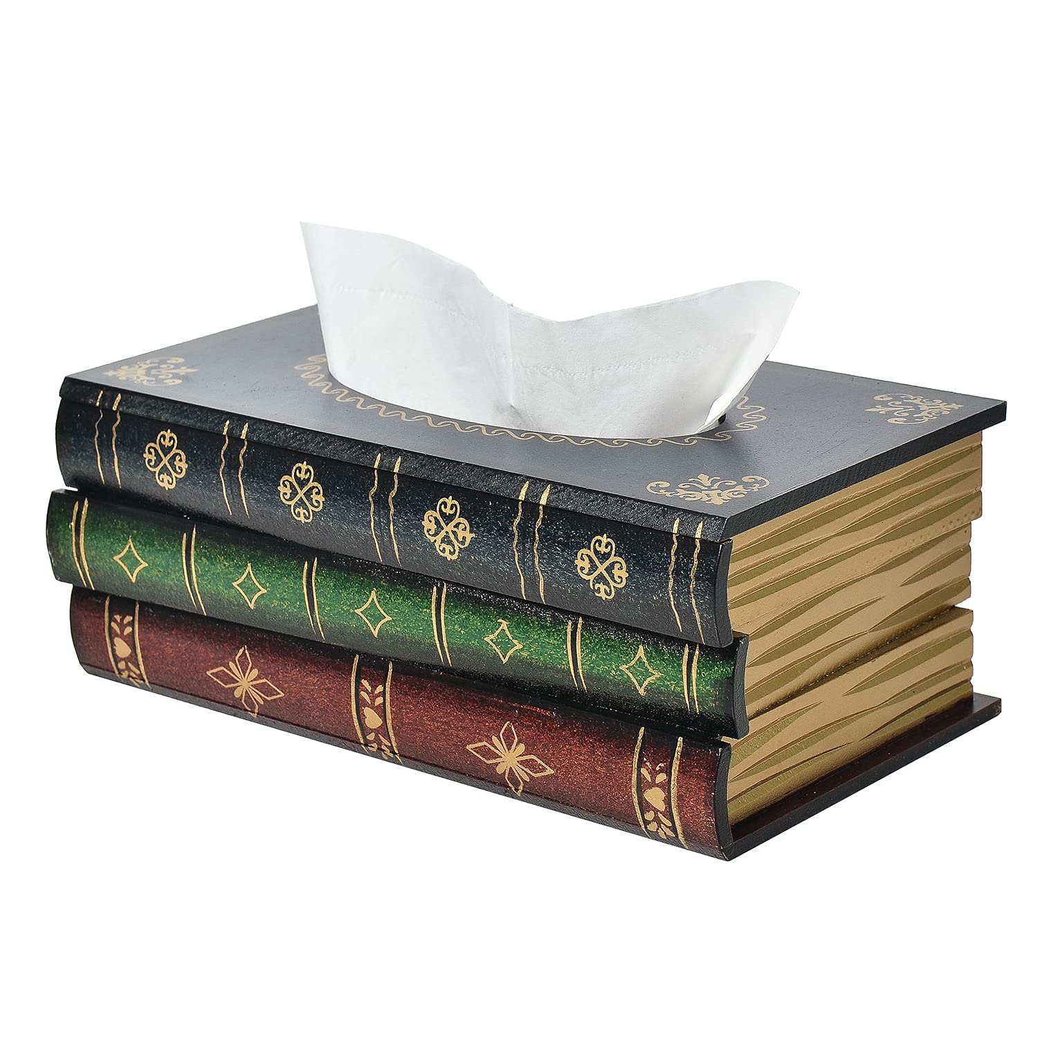 Crafted Classical Retro Wooden Antique Book Tissue Box Cover Rectangular Tissue Holder Dispenser Paper Cover Case Napkin Holder 