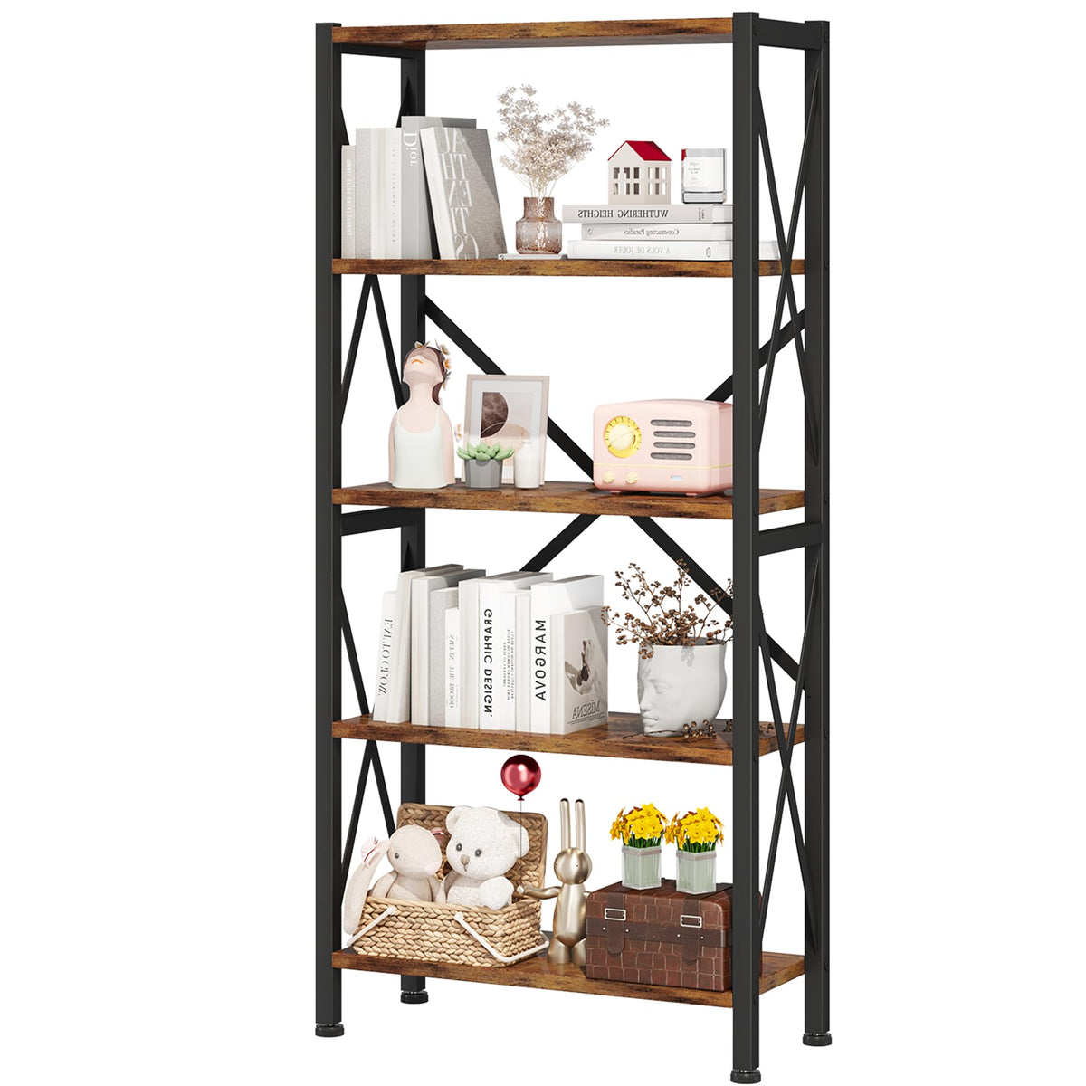 Homeiju 5-Tier Bookshelf,Wood Bookcase,Book Shelf With Steel Frame, Storage Rack With Open Shelves, Rustic Standing Bookshelves