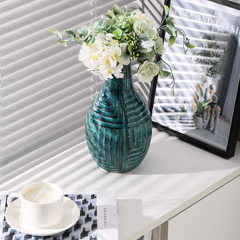 hjn Ceramic Vase- Teal Vase for Home Decor, Flower Vase for Centerpieces, Modern Decor Vases for Living Room/Bookshelf/Mantel/Ho