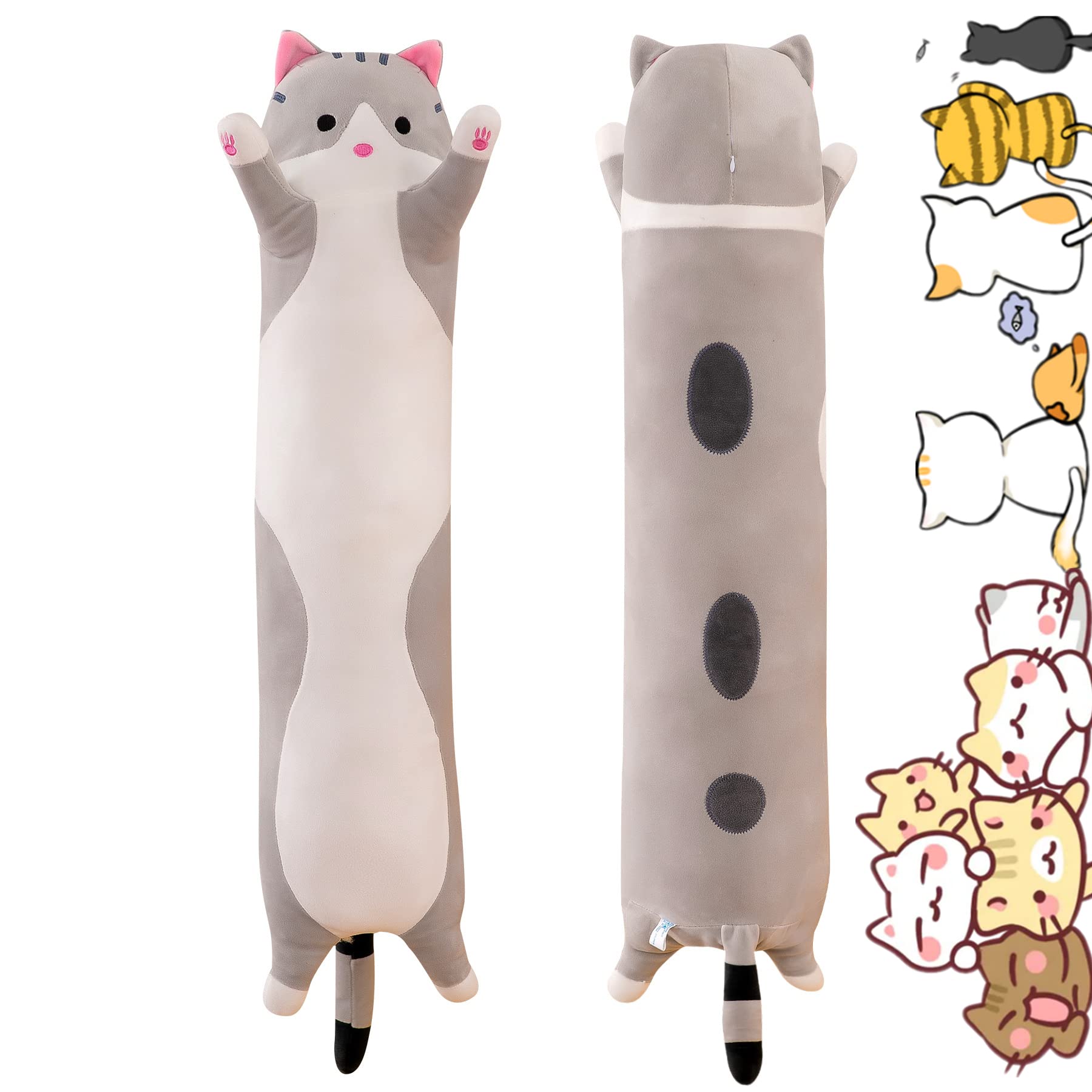 Rexinc Long Gray Cat Plush Pillow Toy Sleeping Pillow Cute Cartoon Cat Stuffed Animals Soft Long Body Pillow Gift for Kids(19.68