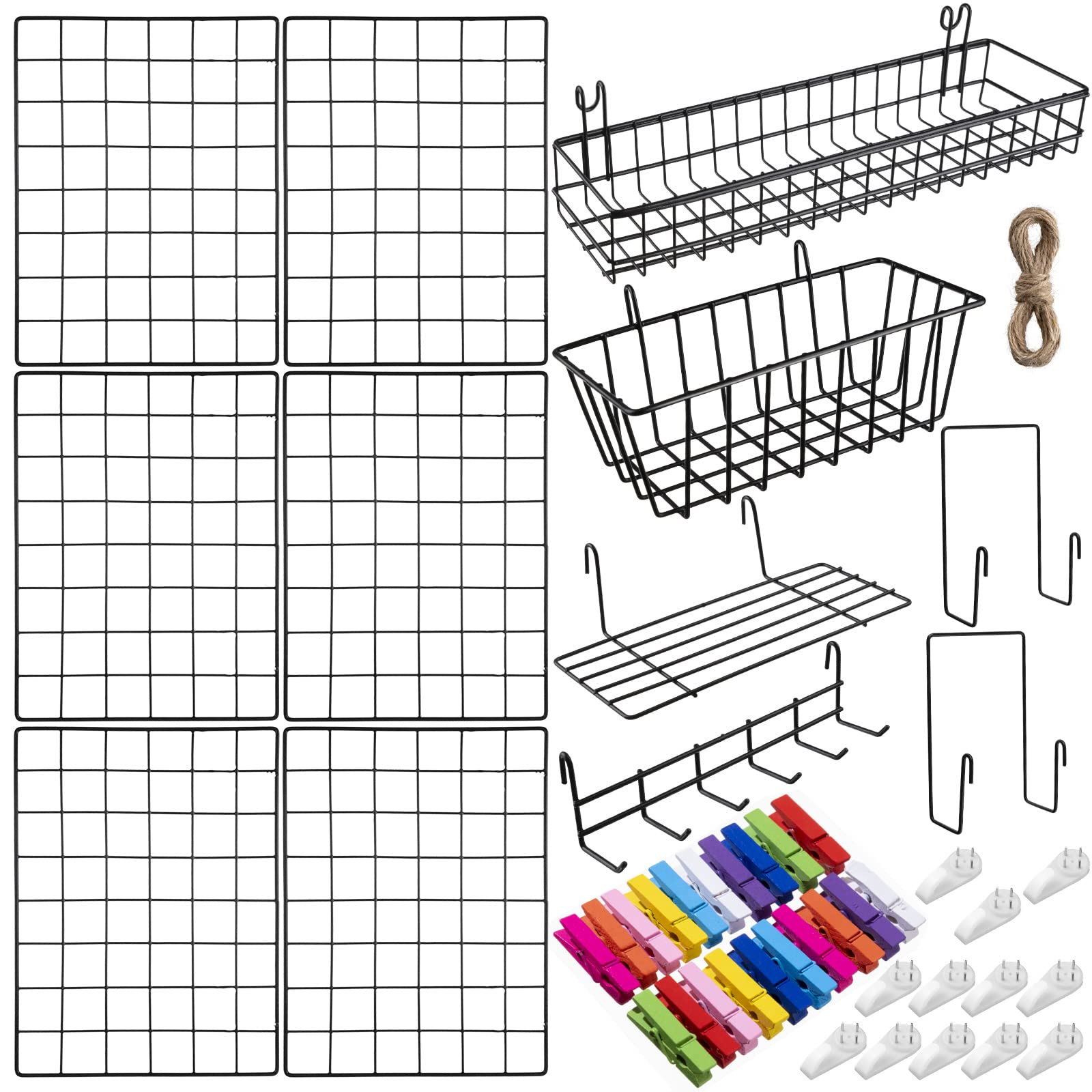 6 Pack 16 x 12 Inch Black Wall Grid Wire Panel with Accessories 1 Black Hanging Wire Basket, 1 Shelf, 1 Hook Rack, 2 Letter Sort