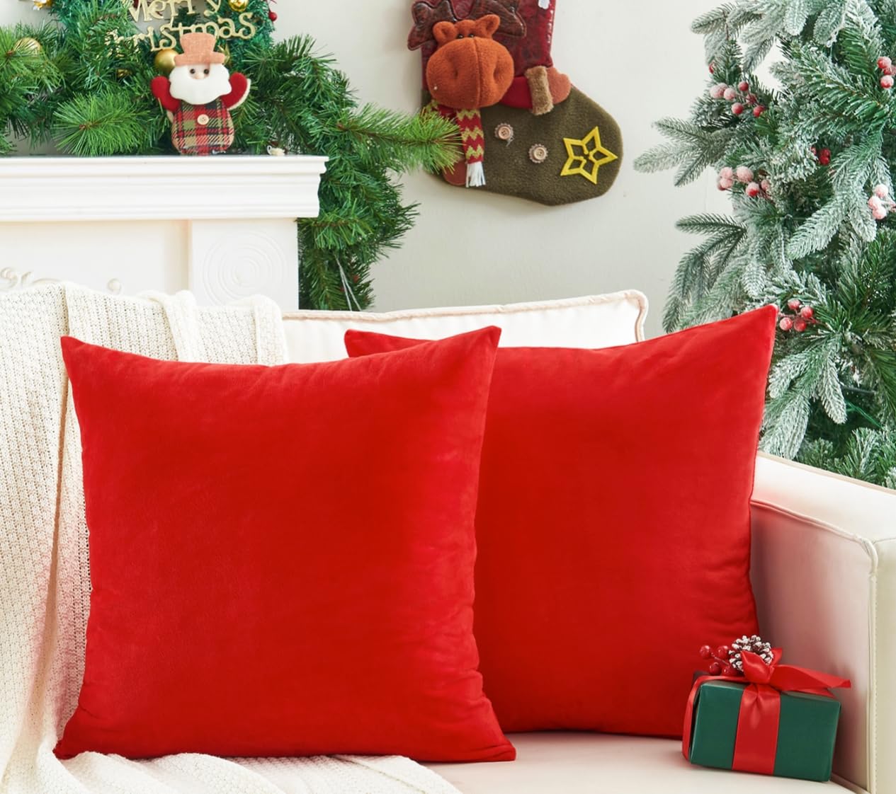 Grineed Pack Of 2 Christmas Red Pillow Covers 20X20 Inch Decorative Throw Pillow Cover, Velvet Pillowcases For Couch Sofa Bed, H