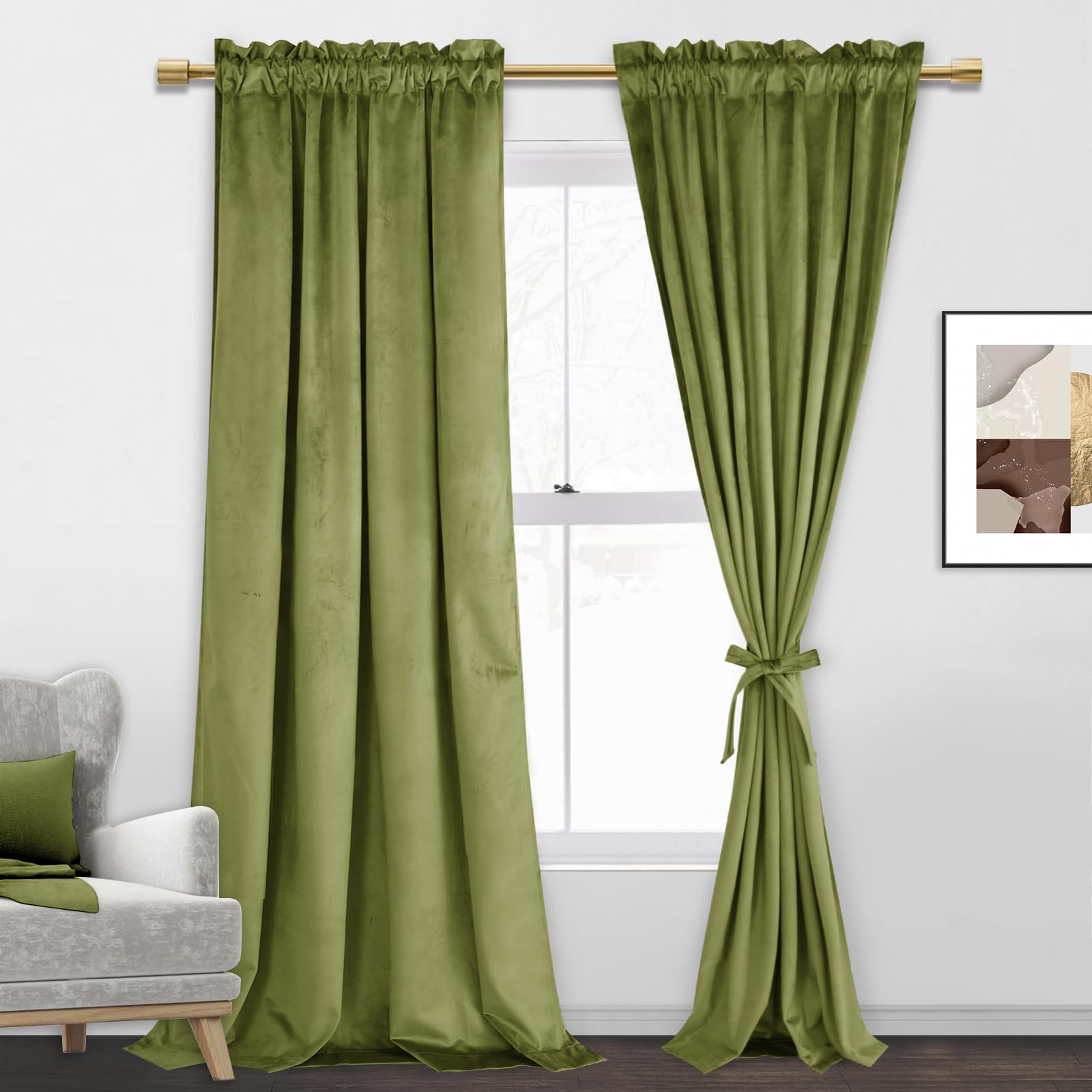 Jiuzhen Moss Green Velvet Curtains 90 Inches For Living Room - Soft Retro Blackout Velvet Drapes Rod Pocket Room Darkening Therm