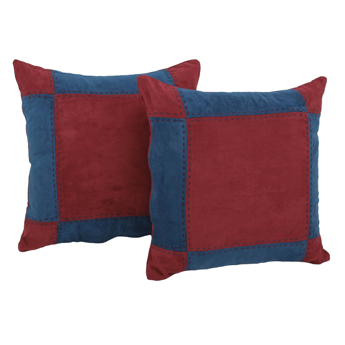 Blazing Needles Patchwork Microsuede Throw Pillow, 18 x 18, Red Wine/Indigo 2 Count