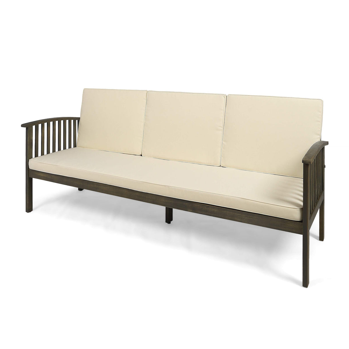 Gdfstudio Outdoor Acacia Wood Sofa With Cushions, Gray And Cream