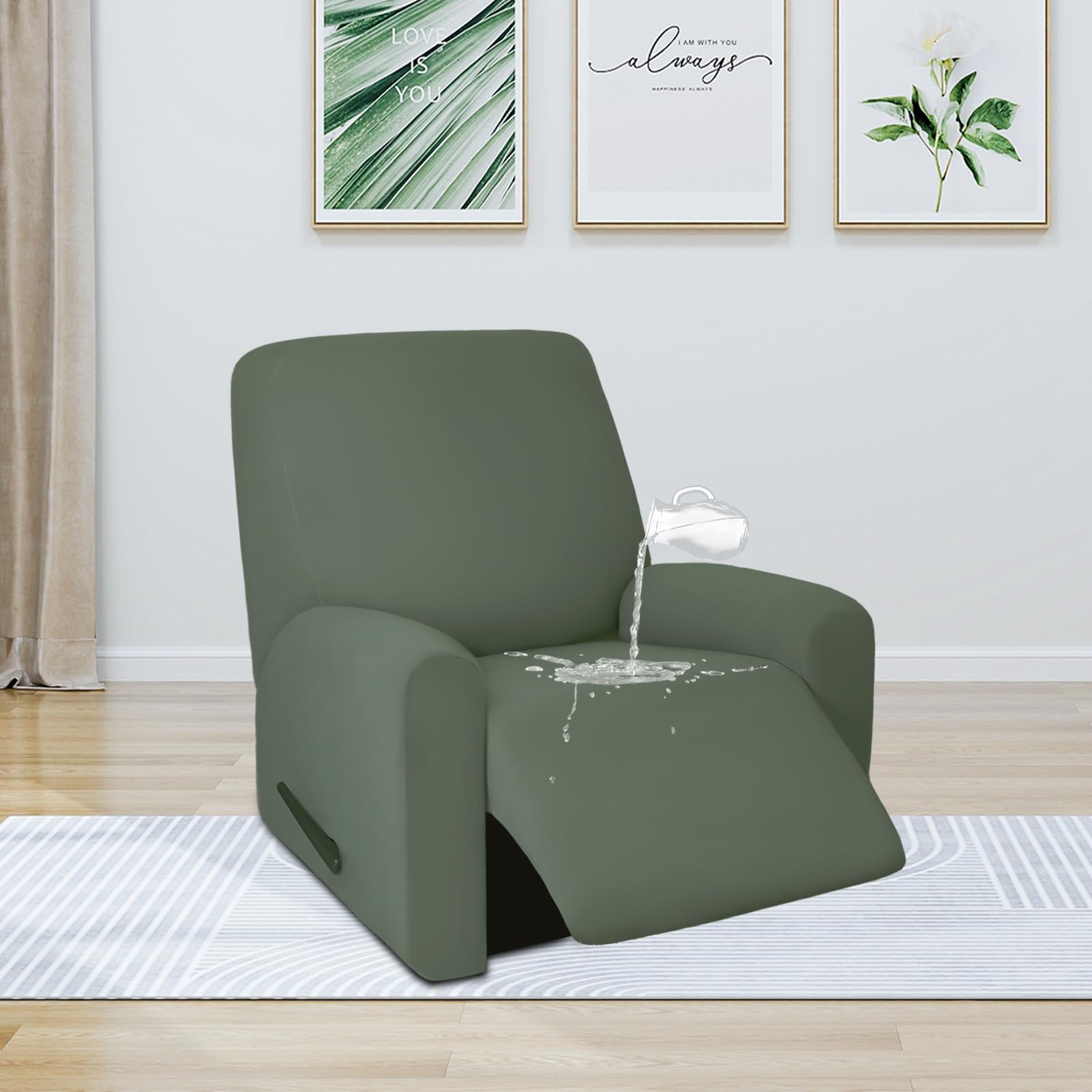 Purefit 100% Dual Waterproof Recliner Cover, Waterproof Couch Cover For Recliner - Stretch Non Slip Fleece Sofa Covers Washable, Leakproof Furniture Protector For Kids, Pets (Recliner, Grayish Green)