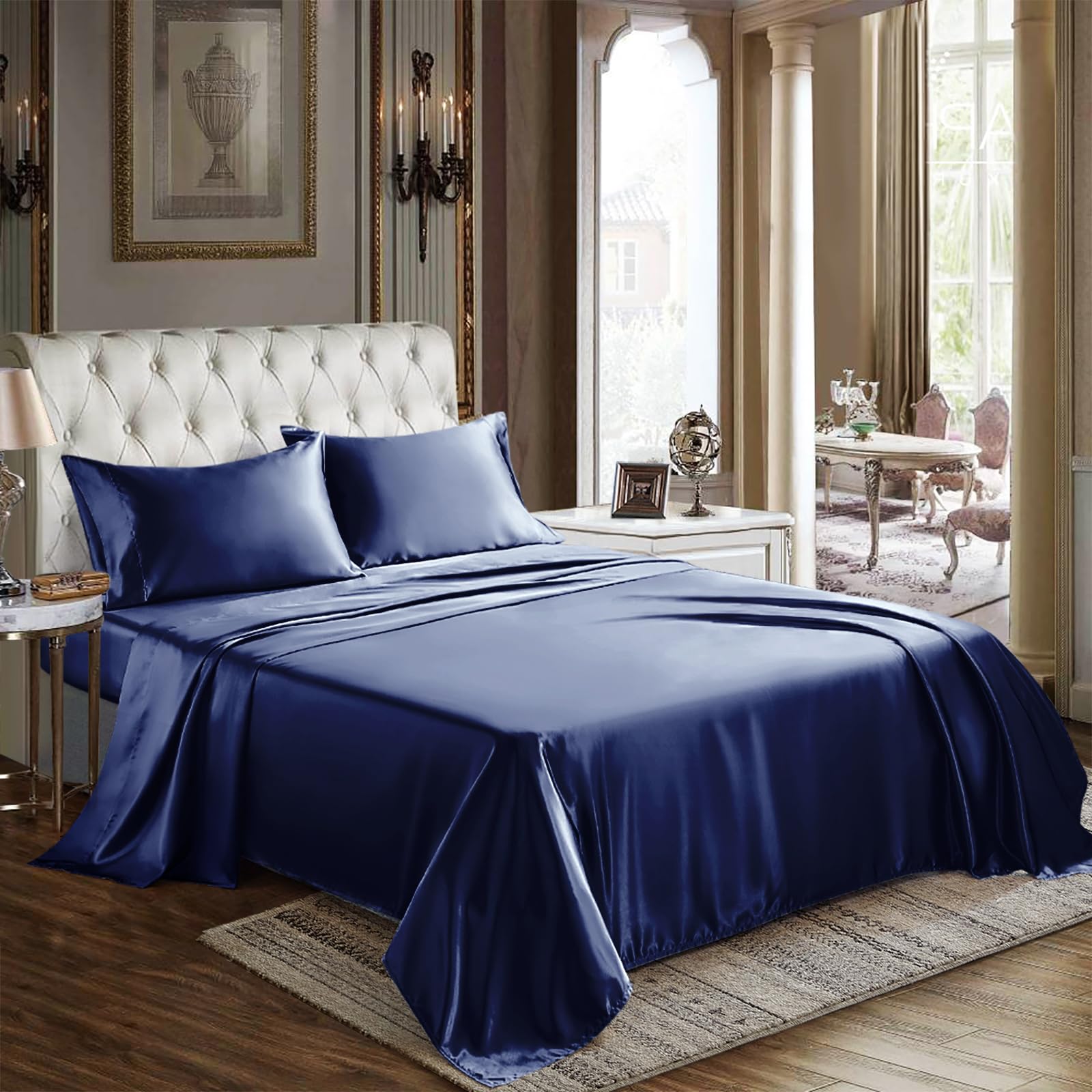 Cozylux Satin Sheets Queen Size - 4 Piece Navy Blue Bed Sheet Set With Silky Microfiber, 1 Deep Pocket Fitted Sheet, 1 Flat Shee