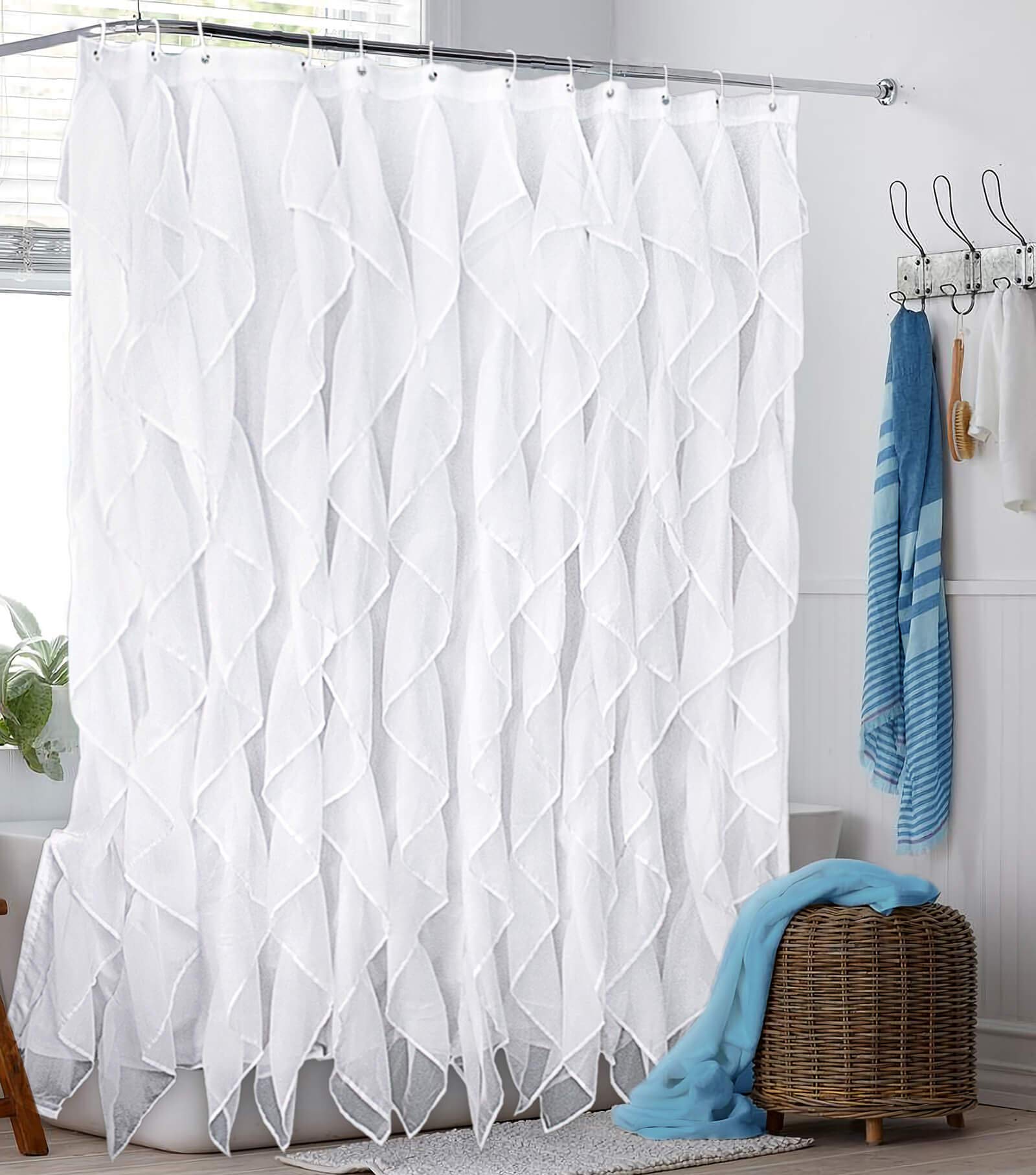 Reisen White Ruffle Shower Curtain Fabric/Cloth Farmhouse Bathroom Sheer Shower Curtain, 72In Long