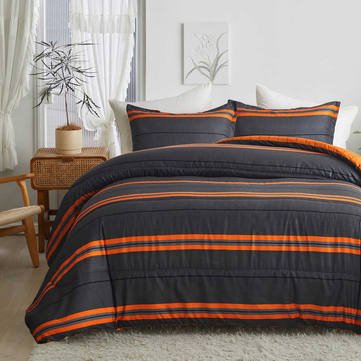Flysheep 3 Pcs Modern Boho Halloween Comforter Set Twin Size for Kids, Bright Orange Striped on Black Dark Grey Soft Microfiber 