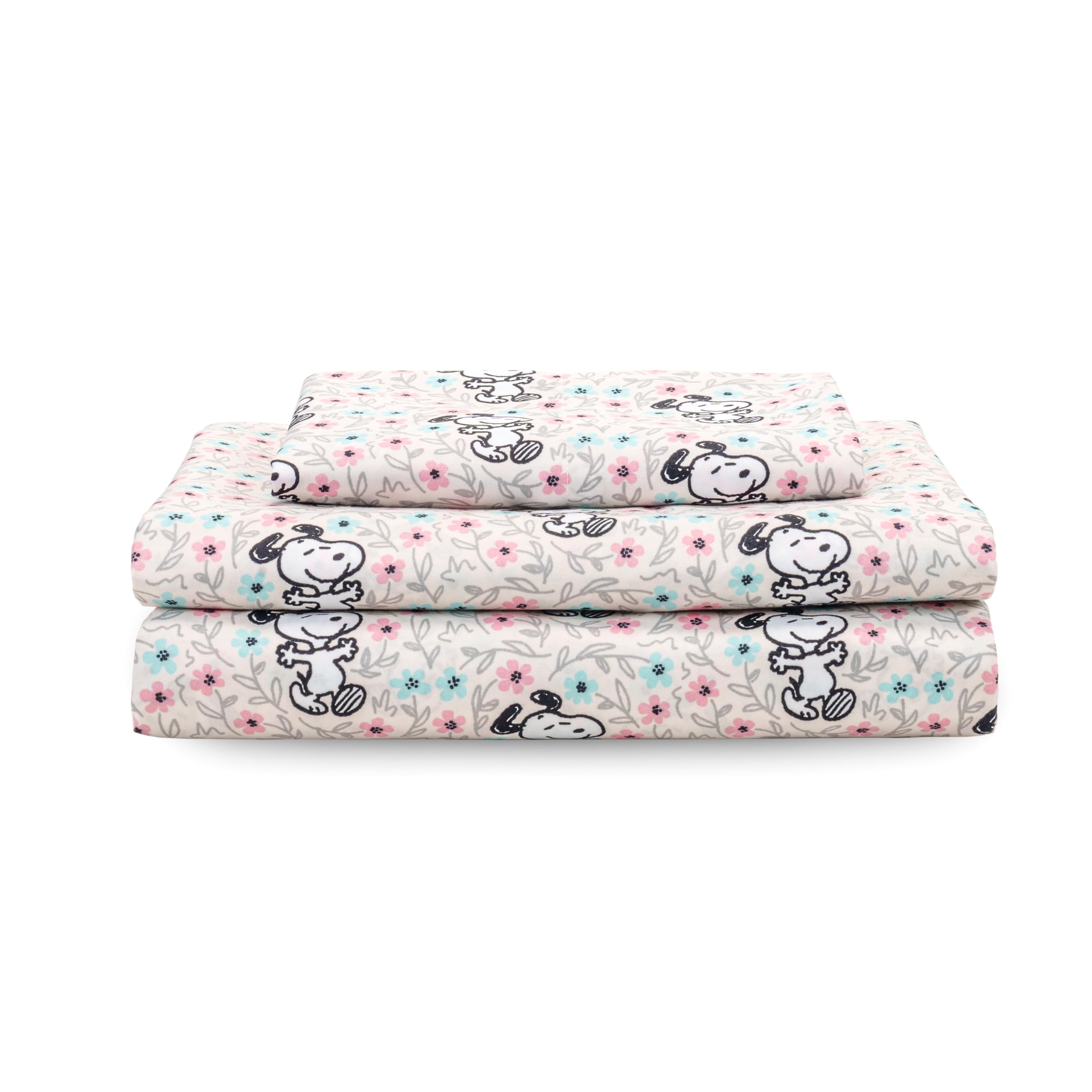 Berkshire Blanket Peanuts Kids Sheet Set, Twin Size - 3 Pieces, Peanuts Mini Snoopy Spring Floral Happy Dance Soft Grey, Cute Ch