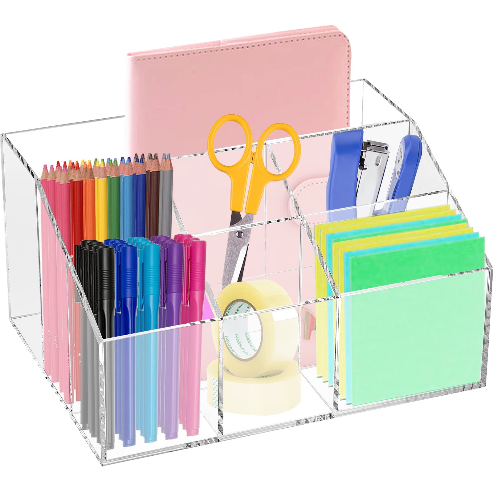 Dicunoy Acrylic Desk Organizer, Clear Pen Holder With 7 Compartments, Stationary Notebooks Pencils Storage For School, Classroom