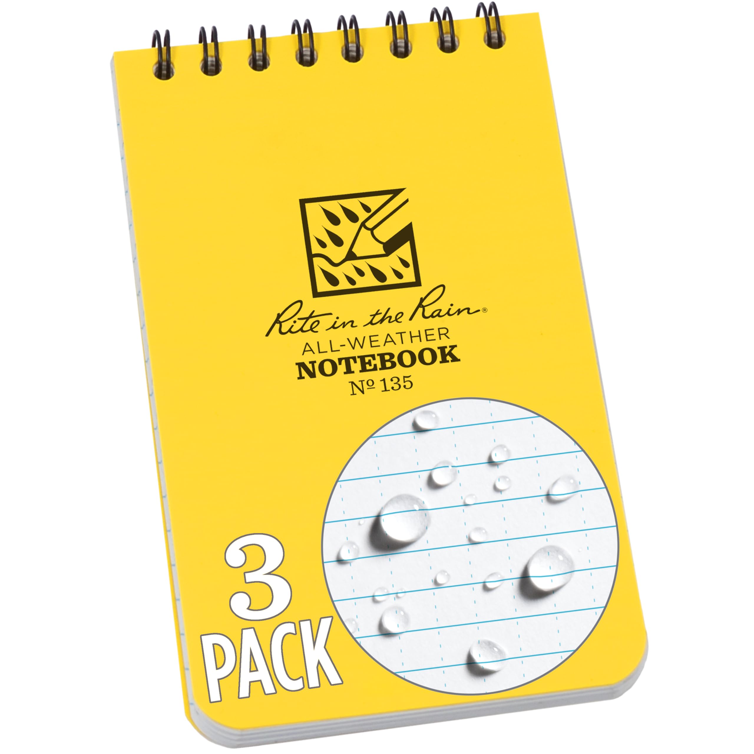 Rite In The Rain Weatherproof Top Spiral Notebook, 3' X 5', Yellow Cover, Universal Pattern, 3 Pack (No. 135-3X)