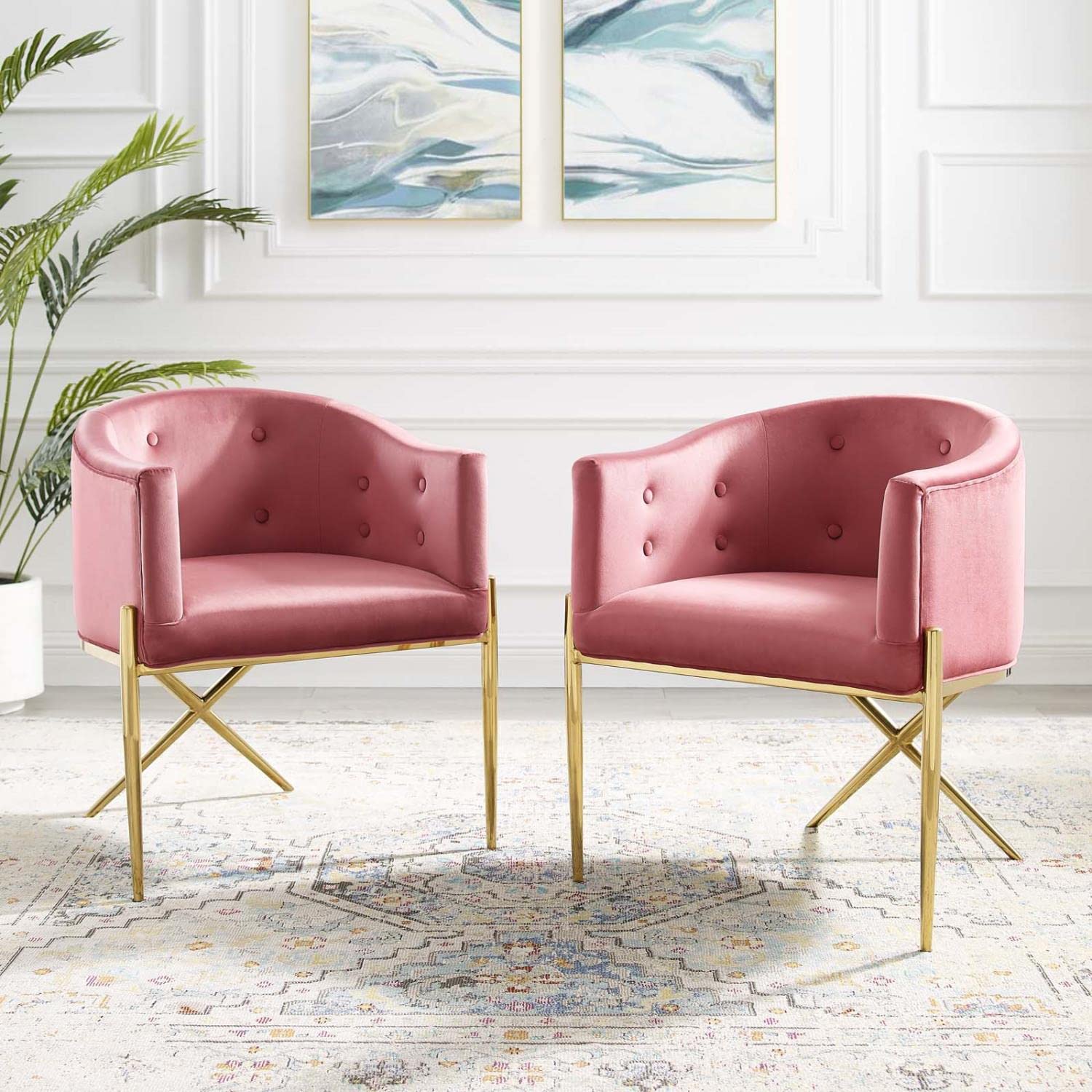 Modway Savour Tufted Performance Velvet Accent Armchair, Dining Chair - Set Of 2, Dusty Rose
