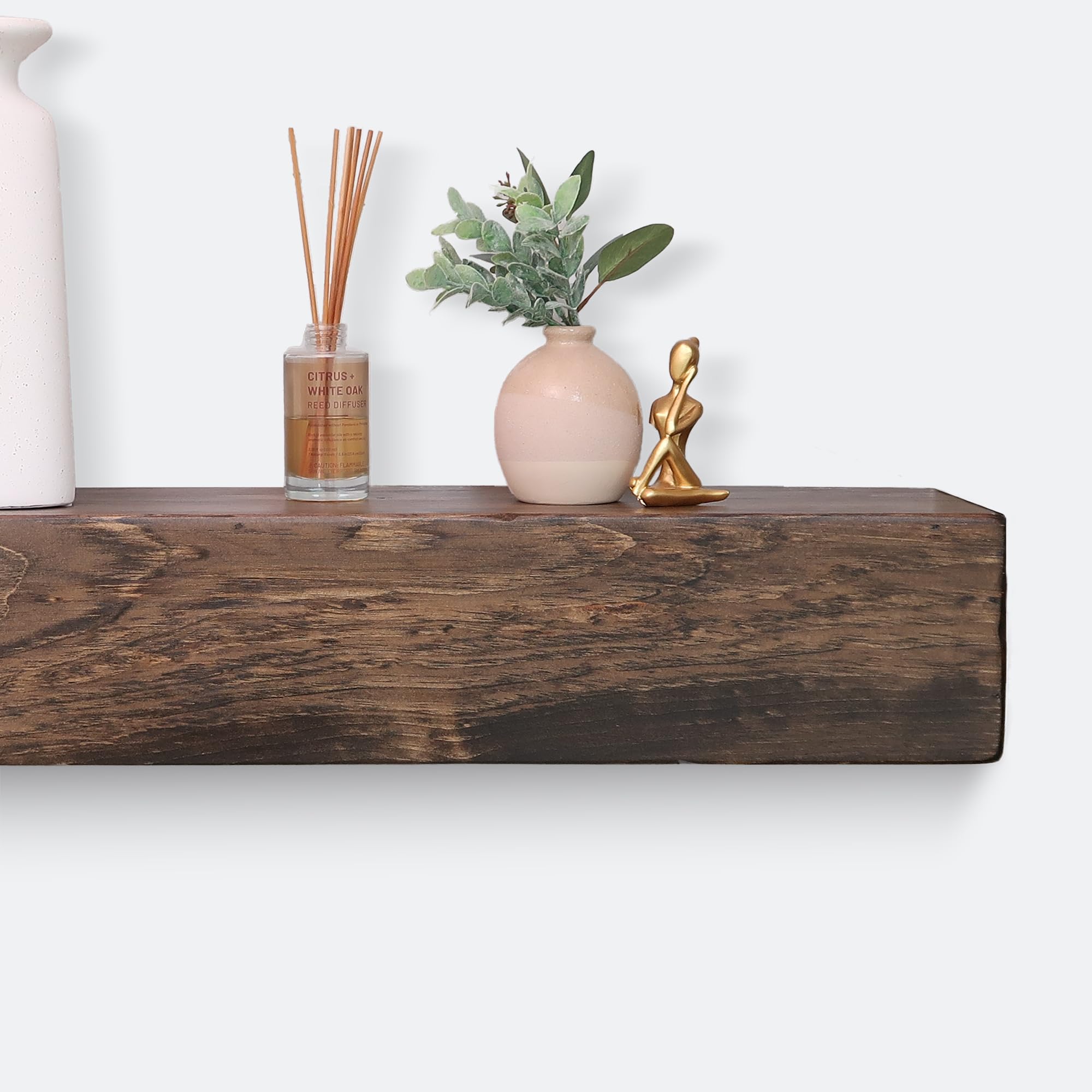 Fireplace Mantel, Rustic, Shelf, Floating Mantle, Real Wood, Beam, URBANDI (Dark Brown, 48Lx6Hx8D)