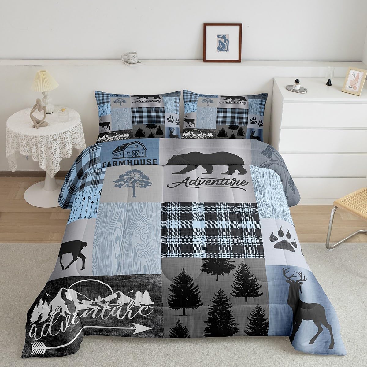 Rustic Patchwork Comforter Set,Blue Grey Checkered Plaid Quilt Set For Kids Teens Adult,Wild Animals Bear Elk Pine Trees Pattern