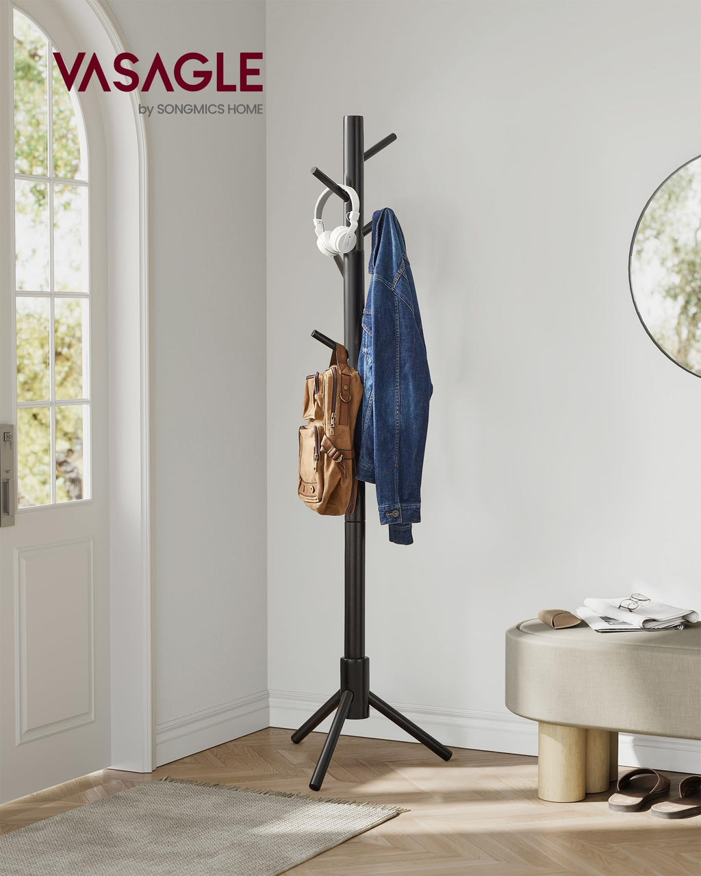 VASAGLE Solid Wood Coat Rack, Free Standing Tree-Shaped Design, 8 Hooks, Black, 68.9 Inches Tall, Ideal for Living Room, Bedroom, Home Office
