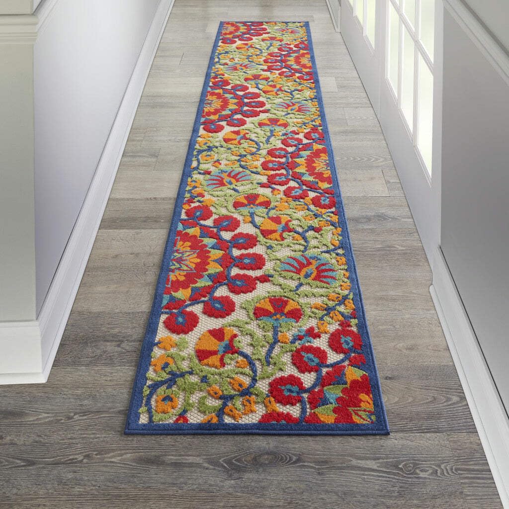 HomeRoots 5' Round Red and Ivory Round Floral Indoor Outdoor Area Rug