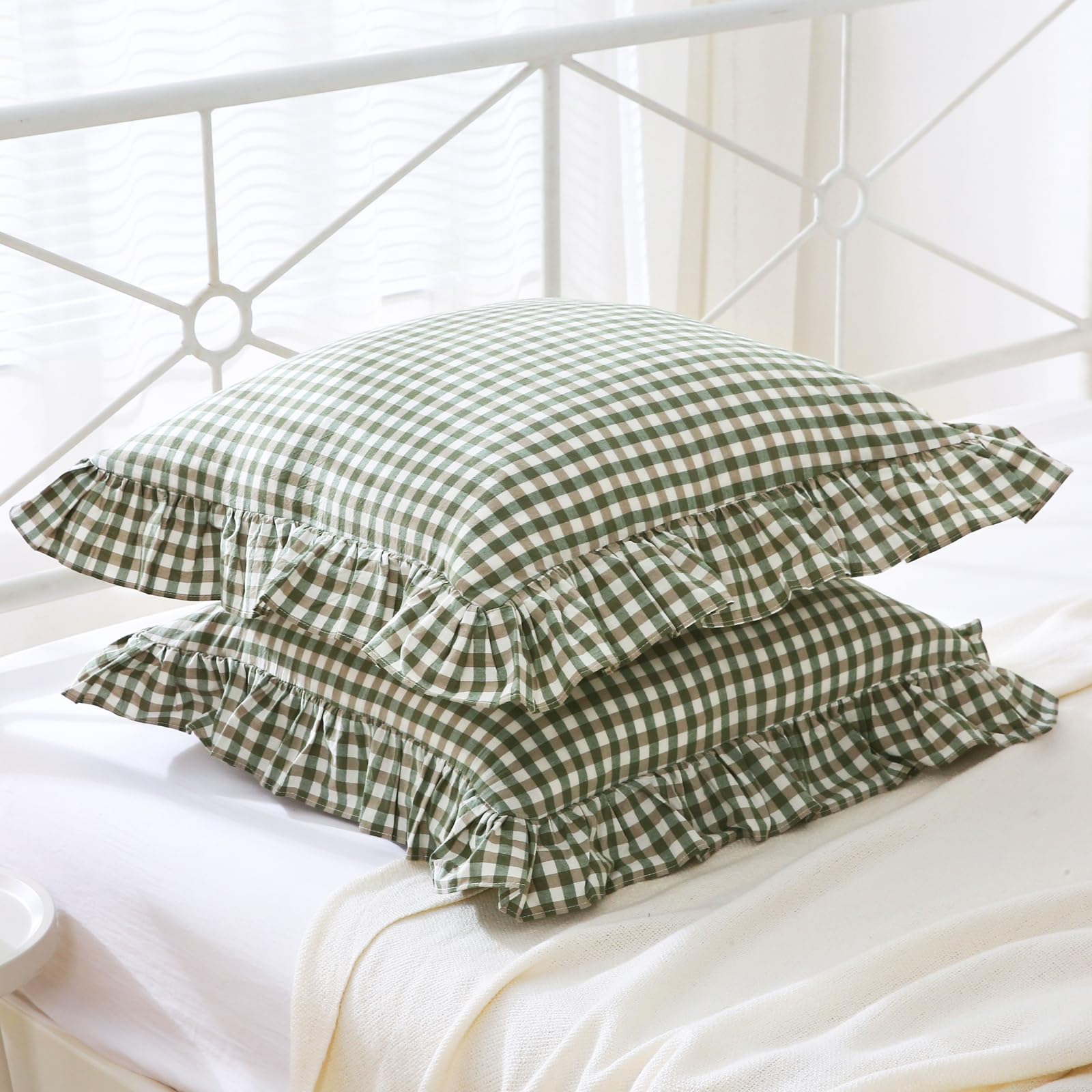 Mywinlle Sage Green Plaid Ruffle Euro Pillow Shams 26''X26'',2 Pack Vintage Checkered Washed Cotton Pillow Cases For Bed, Sofa,