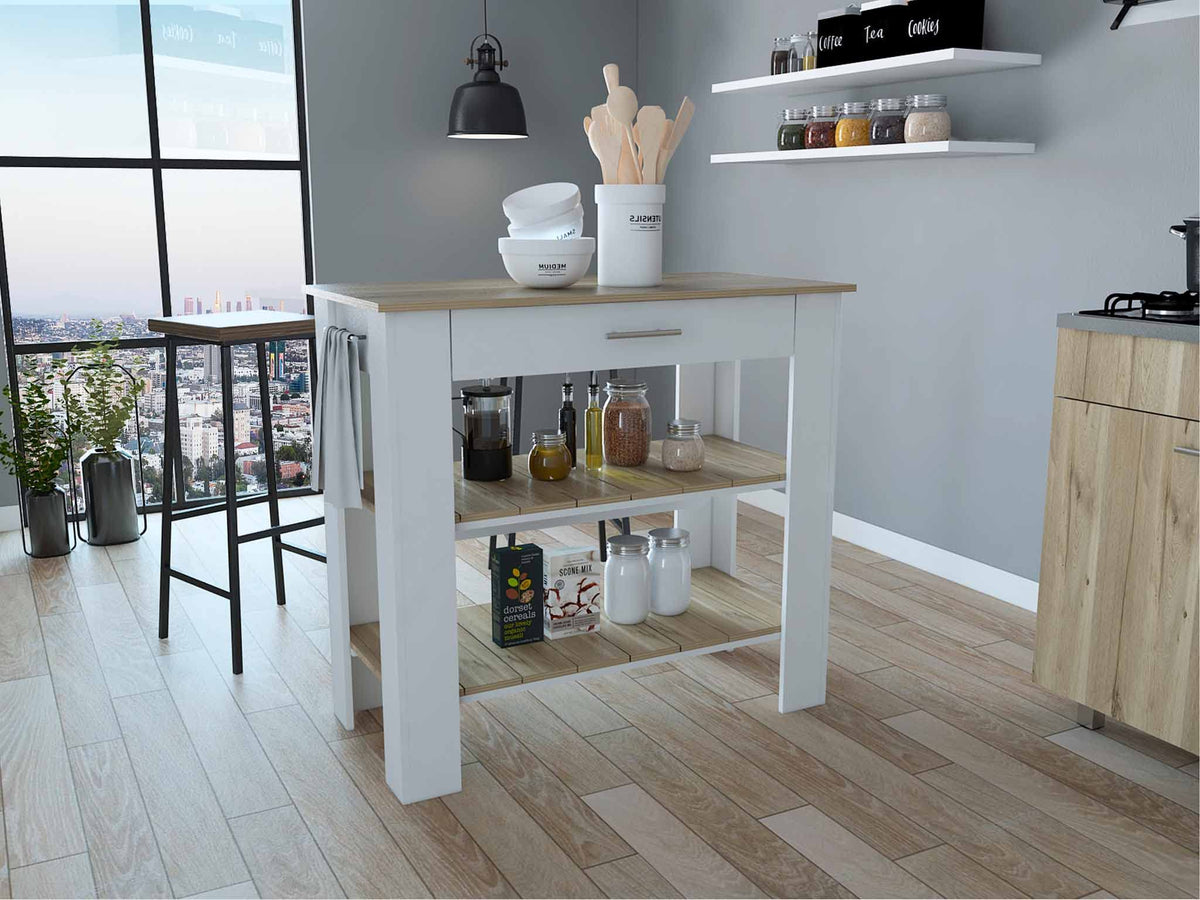 HomeRoots White - Light Oak Particle Board Light Oak and White Kitchen Island with Drawer and Two Open Shelves