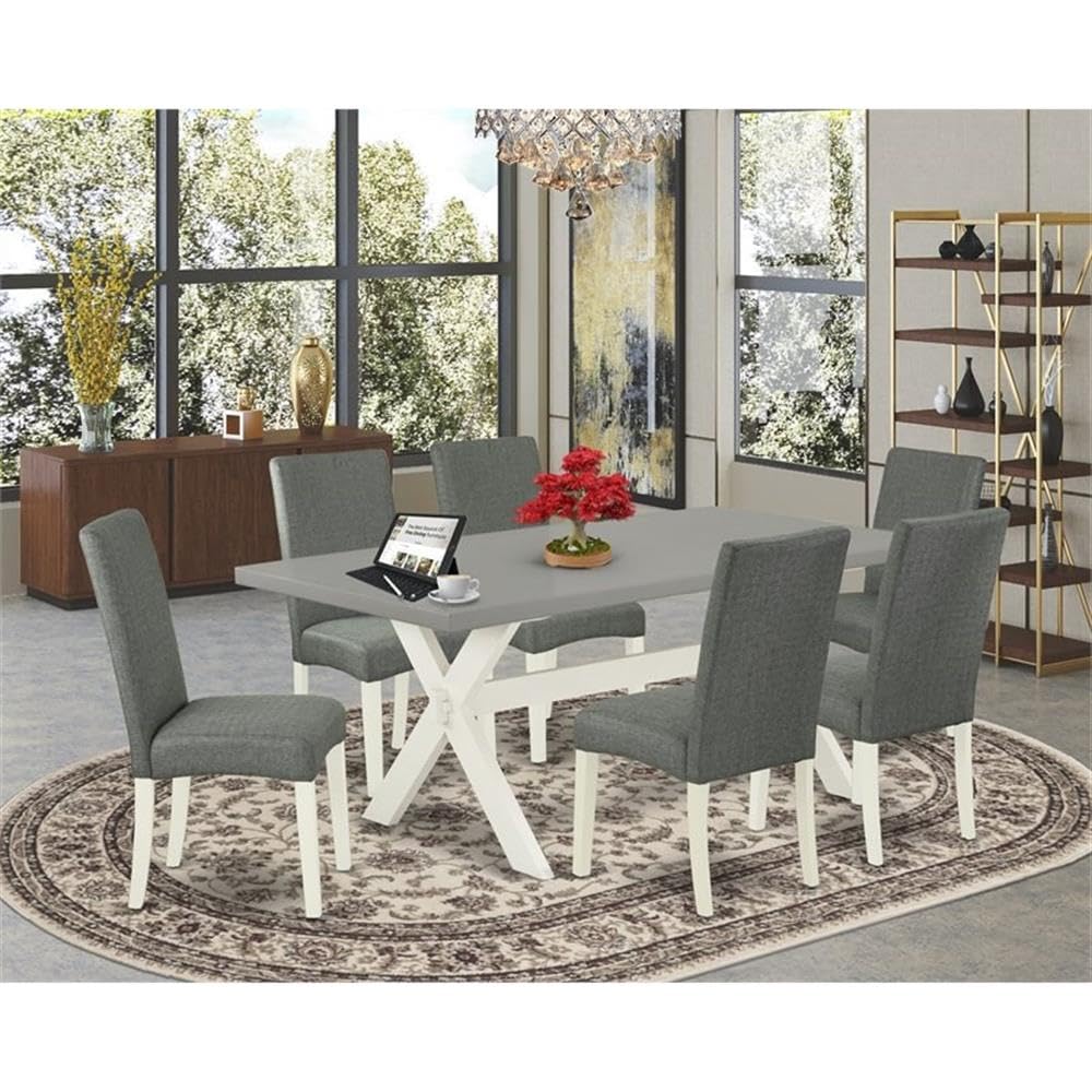 East West Furniture X097Dr207-7 7 Piece Kitchen Table & Chairs Set Consist Of A Rectangle Dining Room Table With X-Legs And 6 Gray Linen Fabric Parson Dining Chairs, 40X72 Inch, Multi-Color