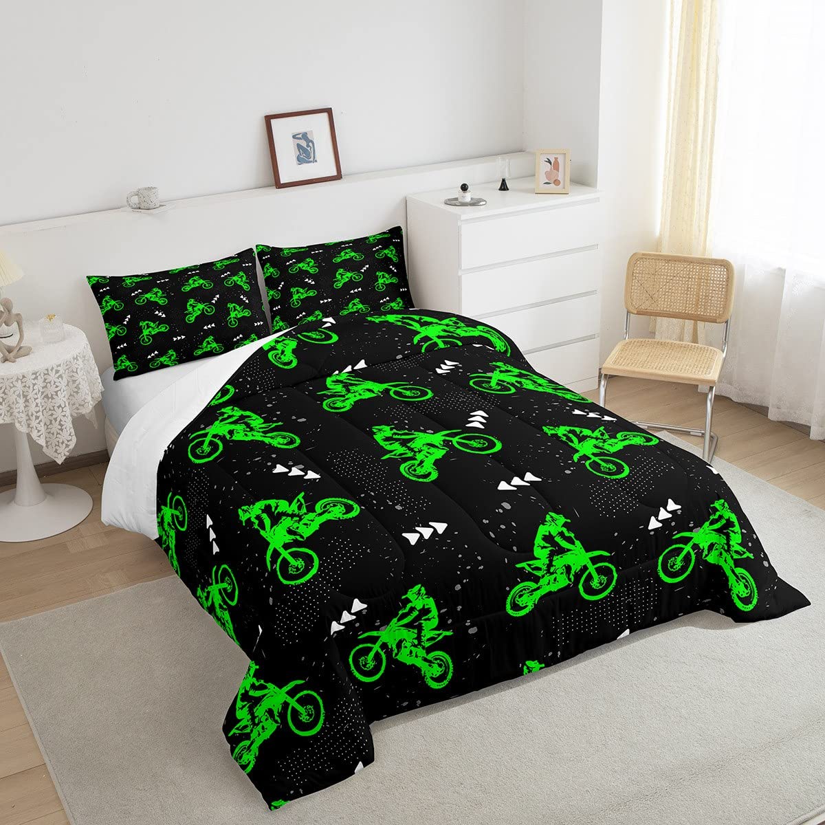 Feelyou Boys Dirt Bike Bedding Set Cool Sports Comforter Set For Kids Boys Motocross Rider Comforter Fluorescent Green Bike Quil