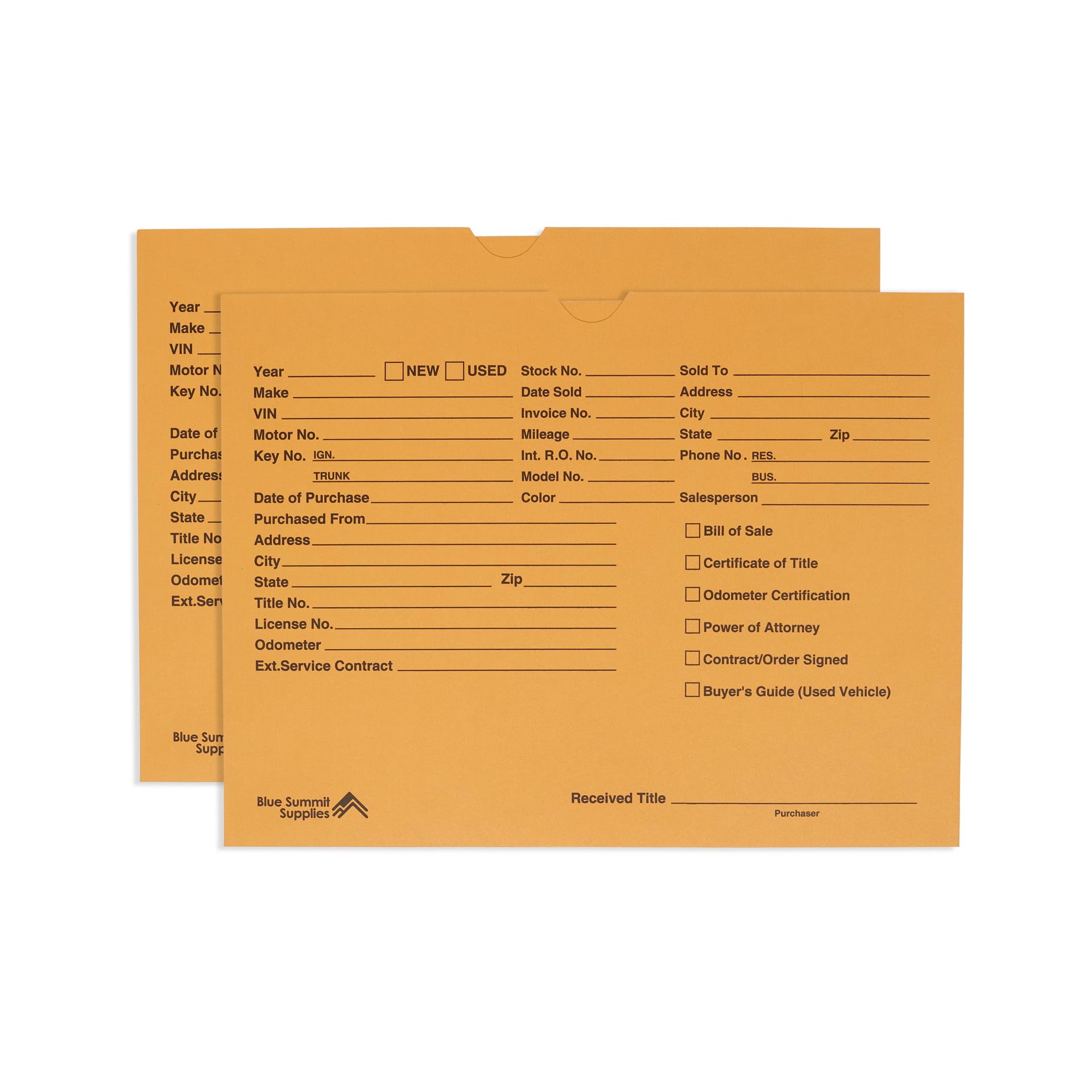 Blue Summit Vehicle Deal Jackets For Dealerships, Tan, Pre-Printed, Car Jacket, Pack Of 100 Dealer Record Envelopes