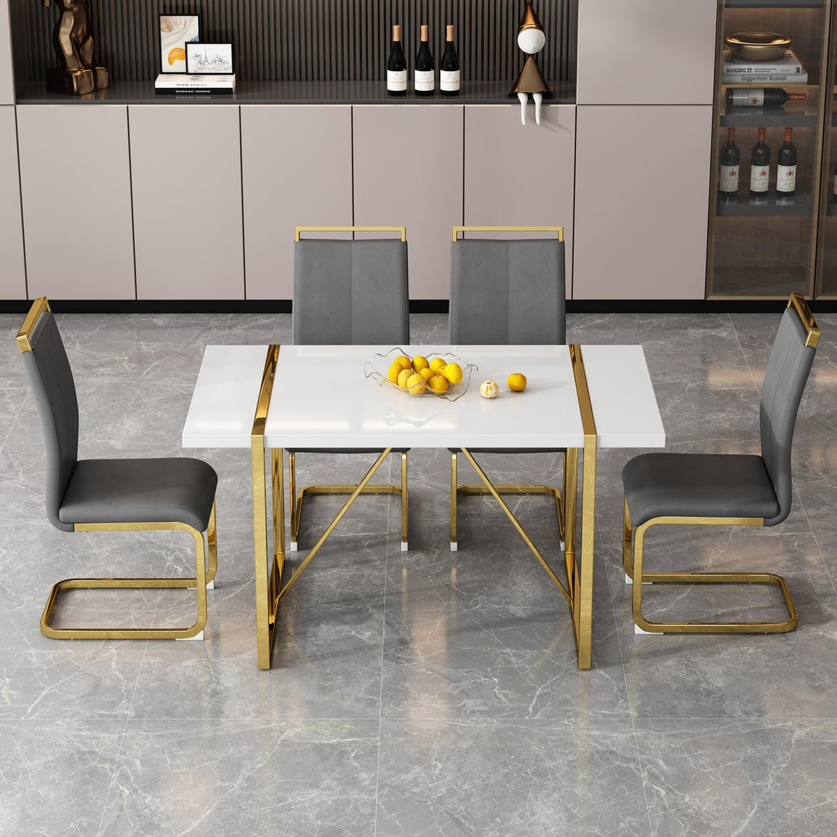 Ebullient White Rectangular Dining Table Set For 4, Mdf Table With Light Grey Faux Leather Chairs, 5 Piece Modern Dining Set Wit