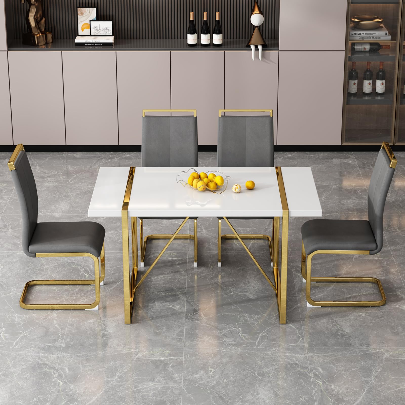 Ebullient White Rectangular Dining Table Set For 4, Mdf Table With Light Grey Faux Leather Chairs, 5 Piece Modern Dining Set Wit