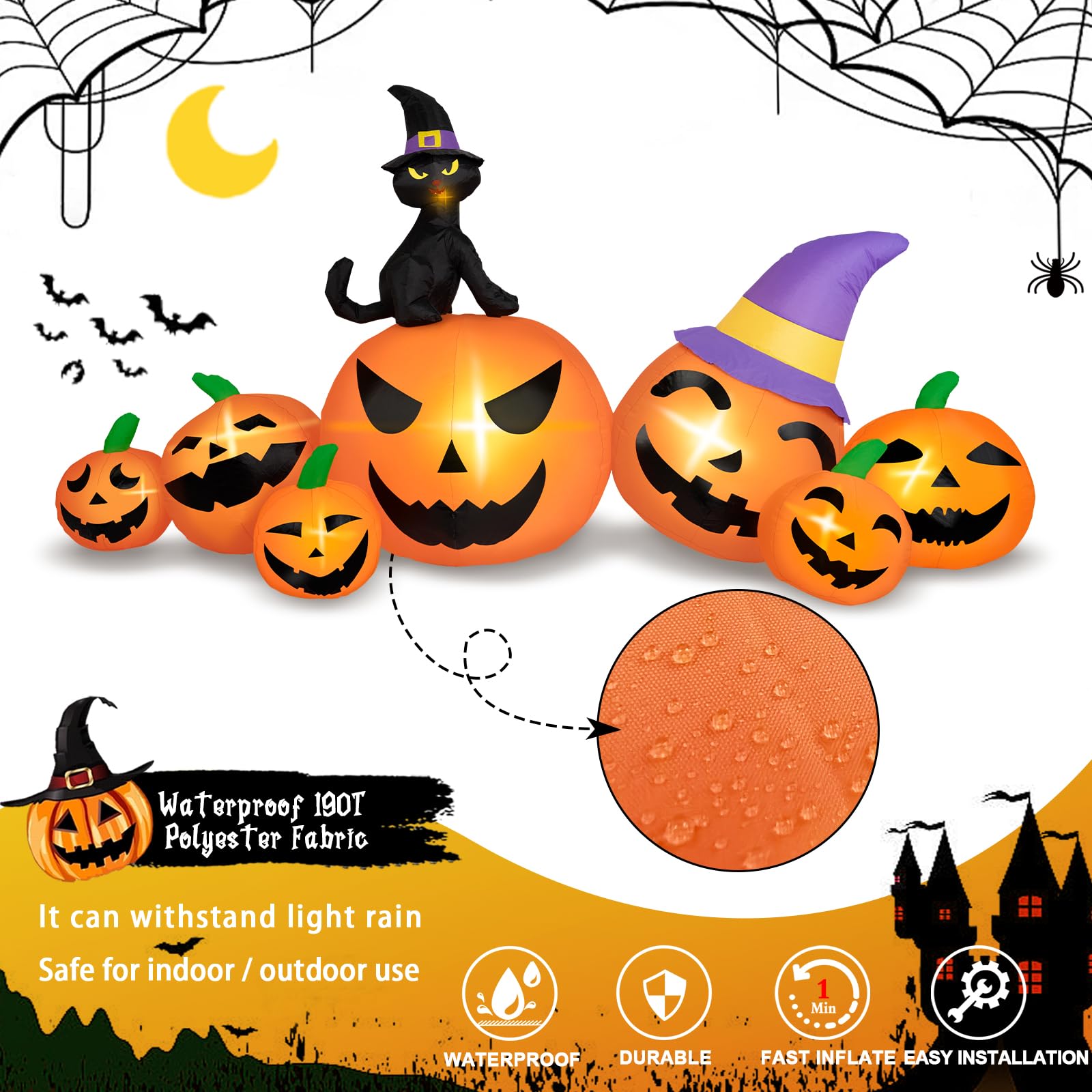 Brdjade 8Ft Long Halloween Inflatables Pumpkin Outdoor Decorations, 7 Blow Up Pumpkins Inflatables With Witch Hat & Black Cat Bu