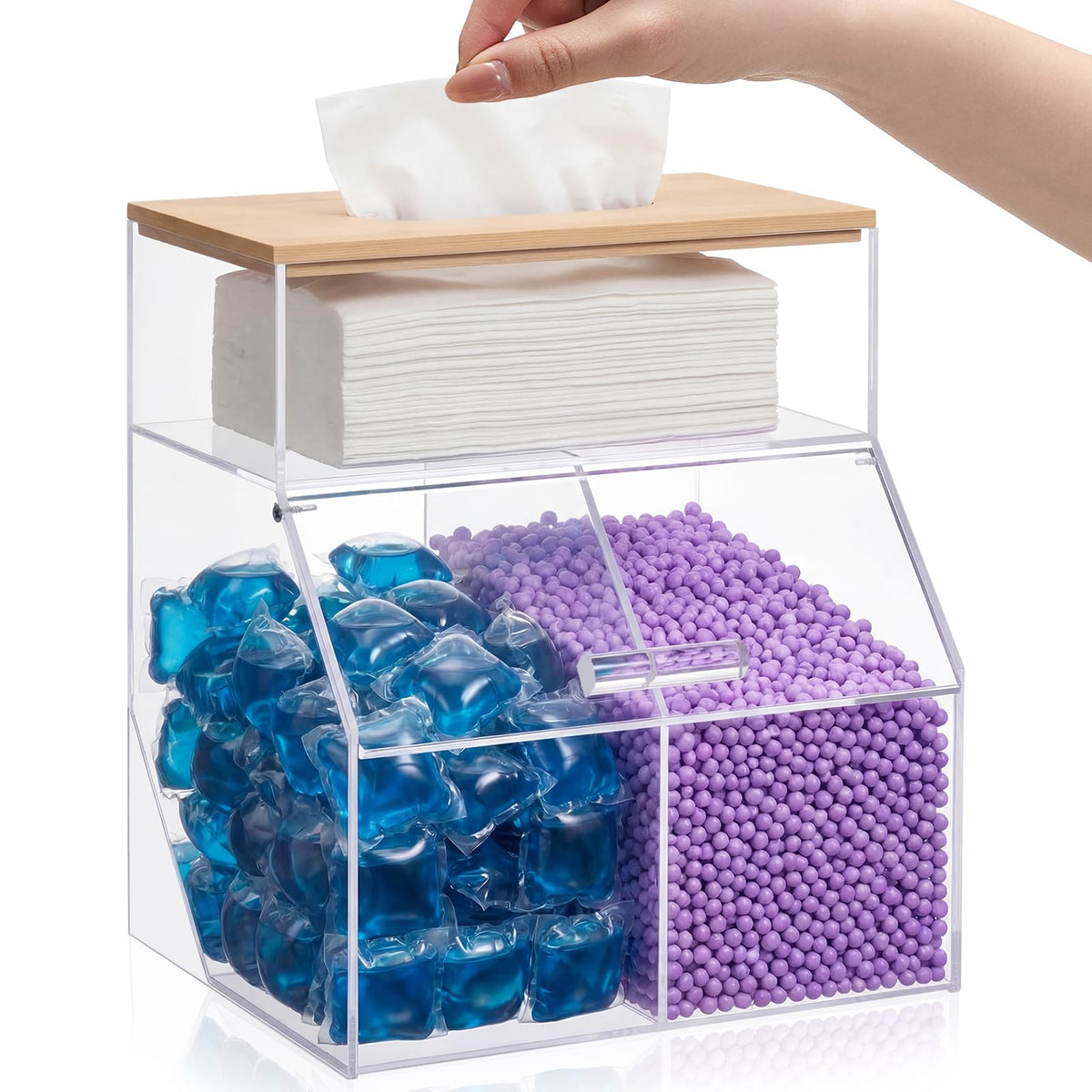 Juexica 3 in 1 Acrylic Laundry Containers for Organizing with Bamboo Lid