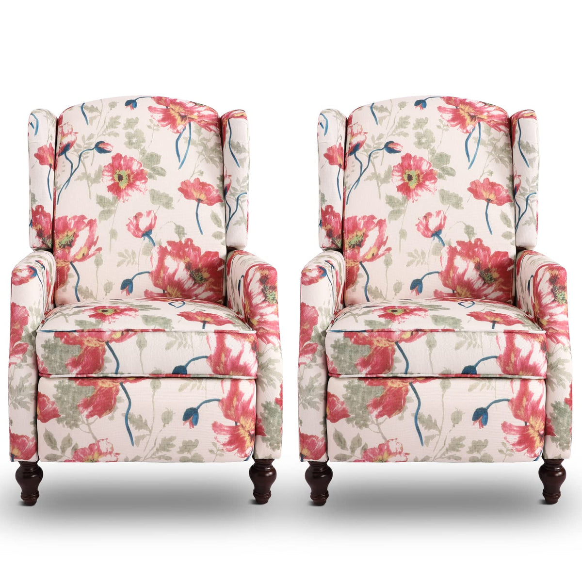 Consofa Wingback Recliner Chair, Traditional Push Back Recliner With Padded Seat, Wingback Fabric Floral Recliner, Mid Century M