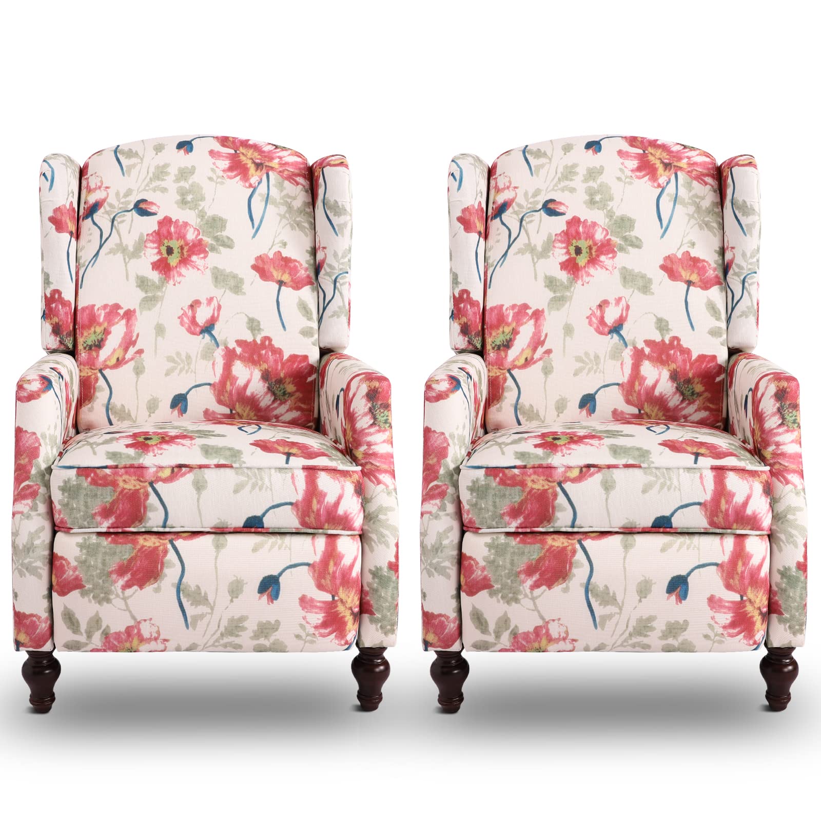 Consofa Wingback Recliner Chair, Traditional Push Back Recliner With Padded Seat, Wingback Fabric Floral Recliner, Mid Century M