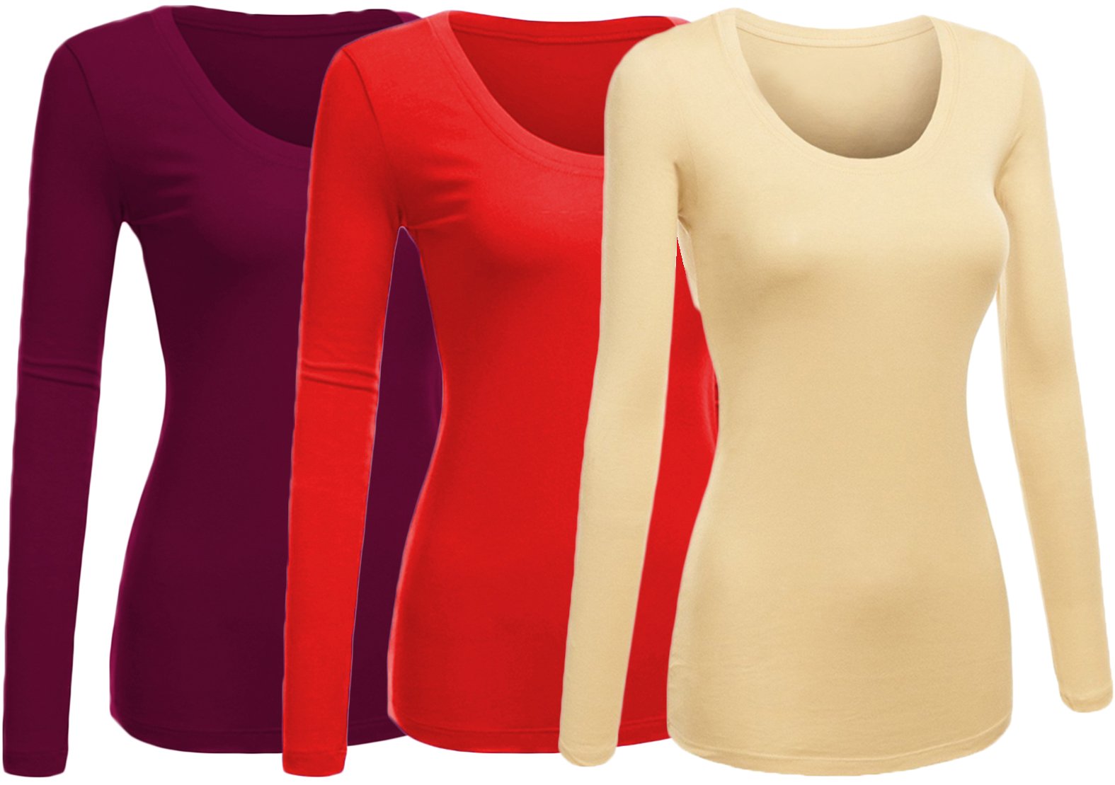 Emmalise Womens Junior And Plus Size Basic Scoop Neck Tshirt Long Sleeve Tee, Small, 3Pk Plum, Khaki, Red