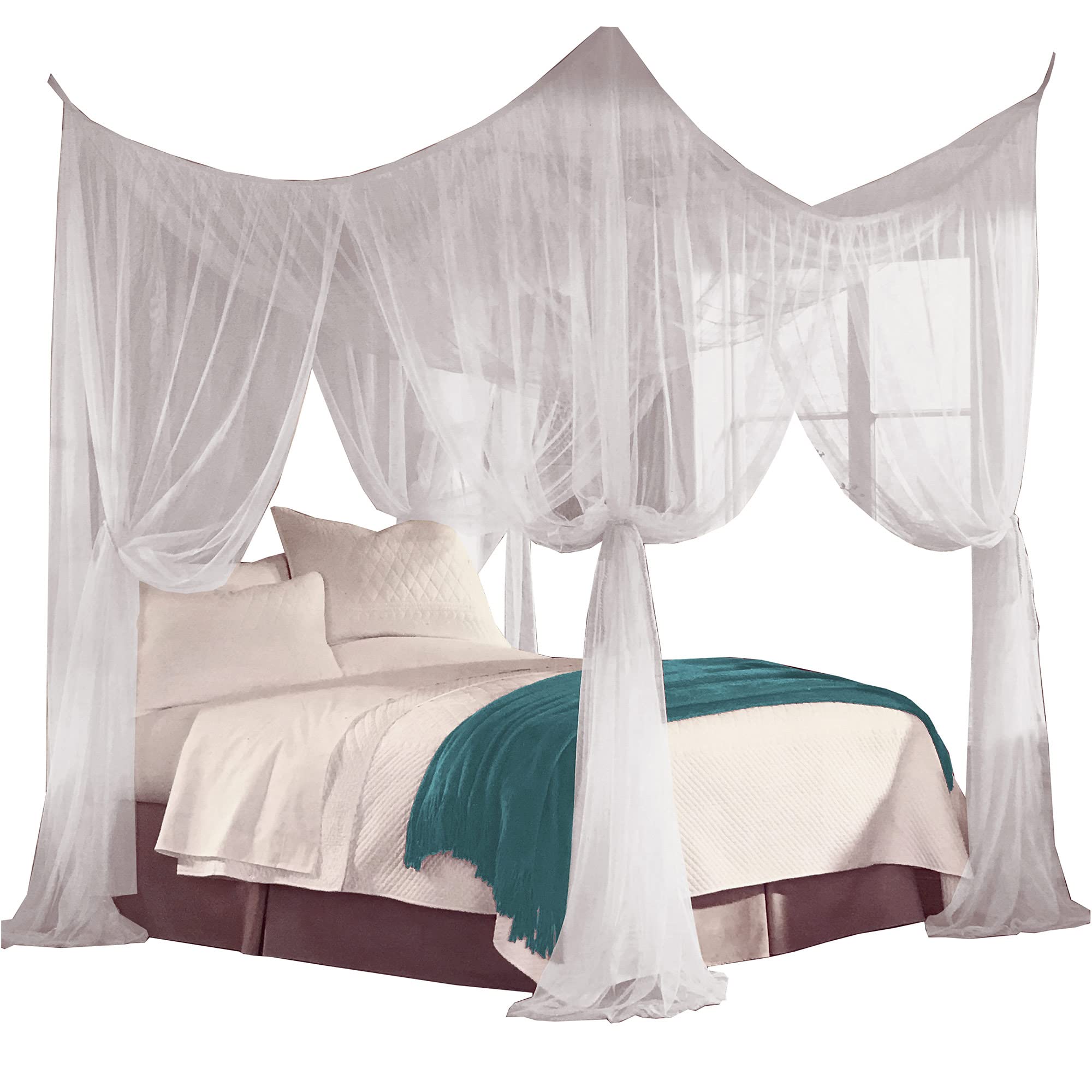Just Relax Four Corner Post Decorative Elegant Bed Net Canopy Set, White, Full/Queen/King, 86.6X78.7X98.4 Inches