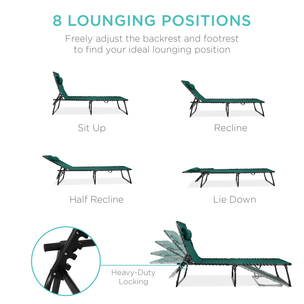Best Choice Products Patio Chaise Lounge Chair, Portable Outdoor Folding Recliner For Lawn, W/ 8 Positions, Handles, 300Lb Capacity - Forest Green