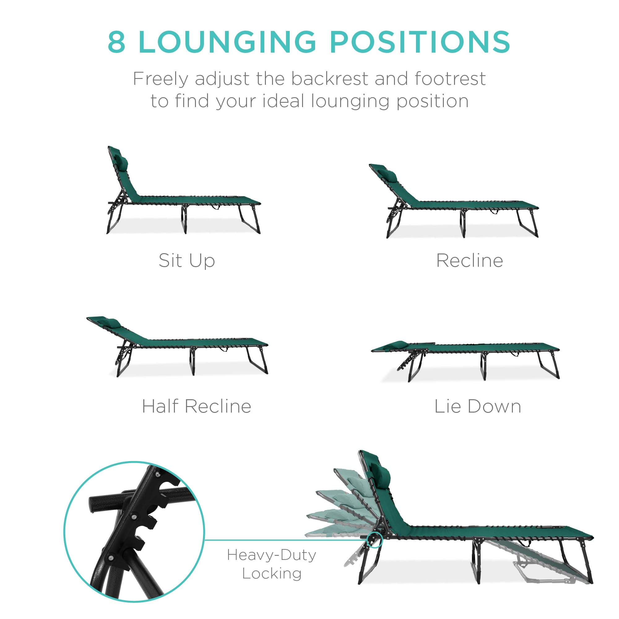 Best Choice Products Patio Chaise Lounge Chair, Portable Outdoor Folding Recliner For Lawn, W/ 8 Positions, Handles, 300Lb Capacity - Forest Green