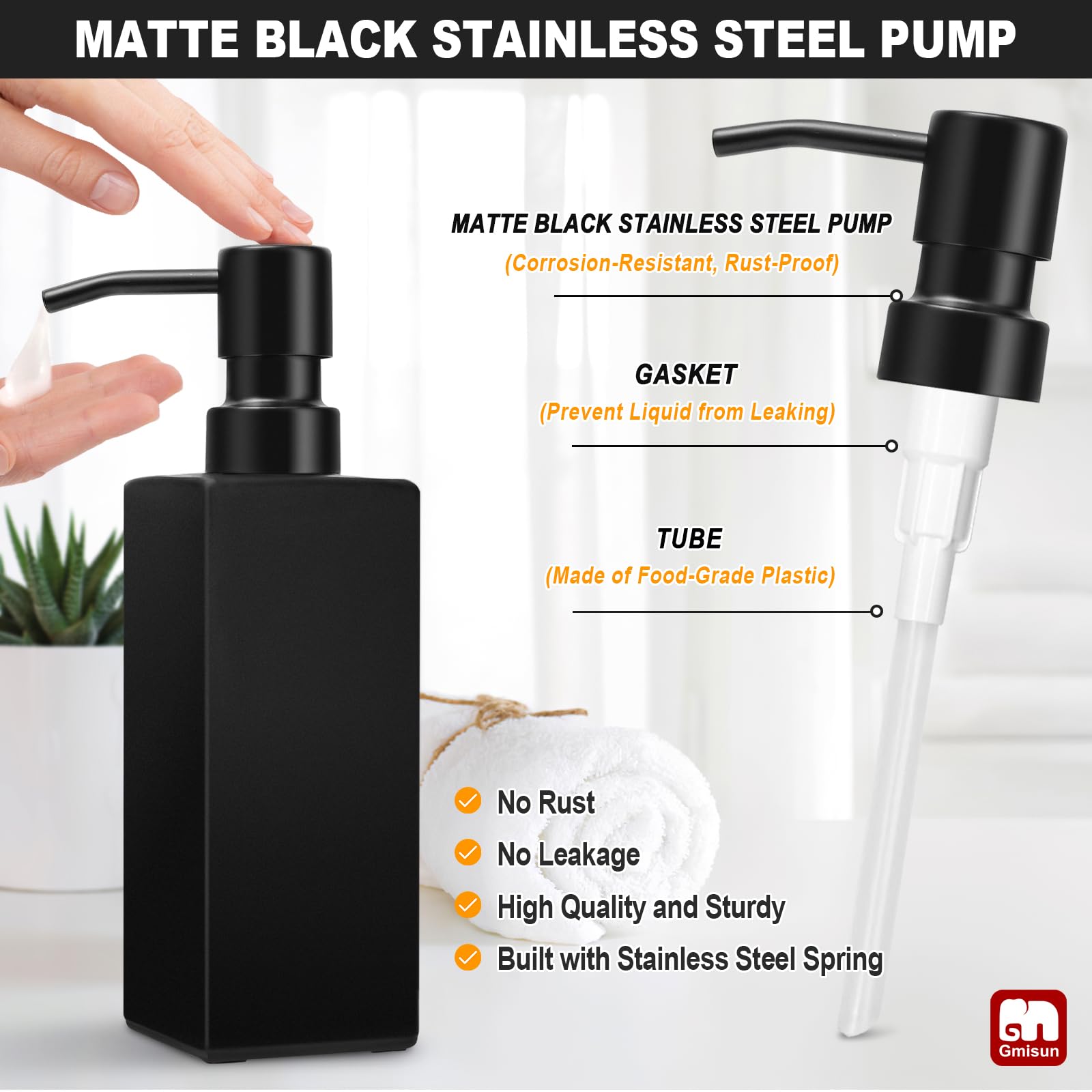 GM GMISUN 12oz Black Glass Soap Dispenser Set with Stainless Steel Pump - Modern Hand Soap Dispenser for Kitchen & Bathroom, 2 Pack