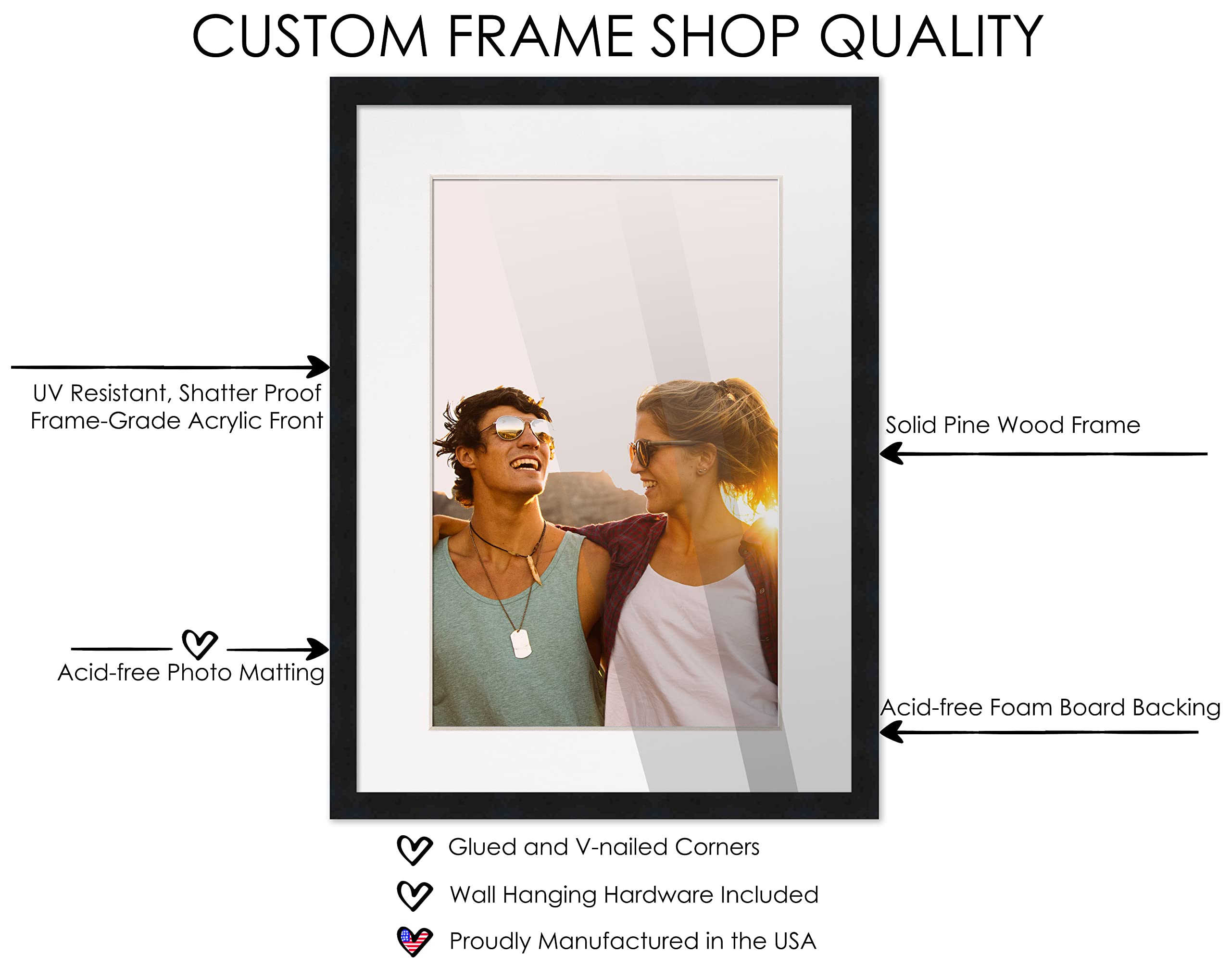 28X40 Black Wood Frame With White Mat | 31X43 Frame Matted To 28X40 | Display Your Photo Under Uv Acrylic Shatter Guard Front, W
