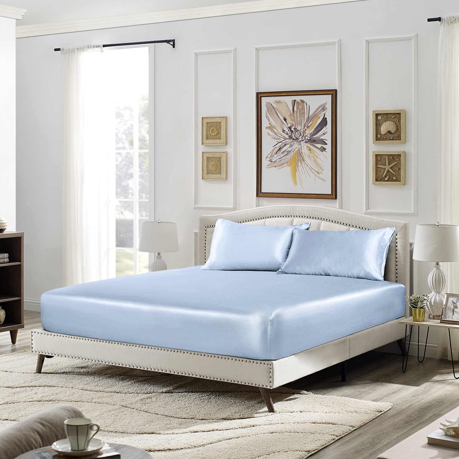 Siinvdabzx 3-Piece Set Satin Queen Fitted Sheet & 2 Pillowcase, Baby Blue Silky Soft Fitted Bottom Sheet, Wrinkle Free, Fade Res