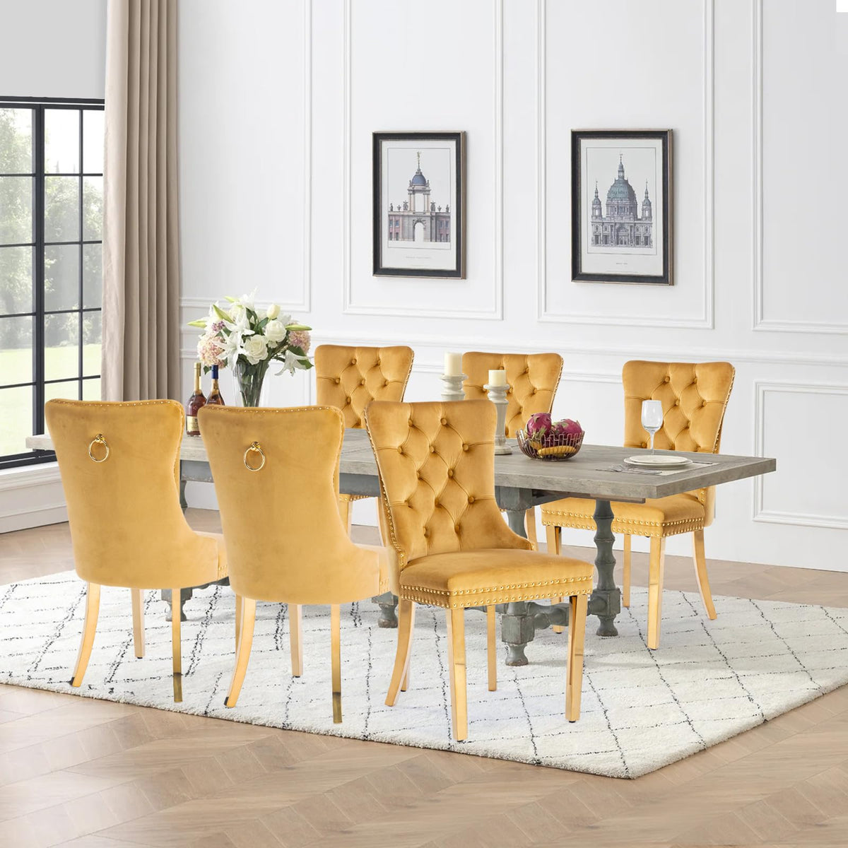 Vicbarley Velvet Dining Chair Set Of 6 Upholstered Tufted Dining Room Chair With Nailhead Trim And Stainless Steel Golden Plated