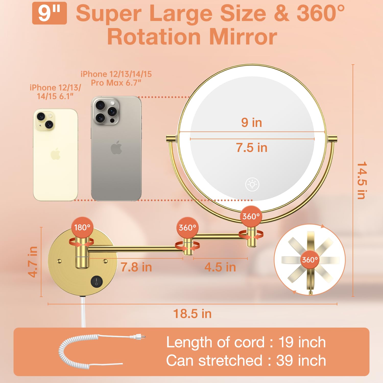 Benbilry 9    Wall Mounted Lighted Makeup Vanity Mirror With 3 Color Dimmable Lights, Super Large 1X/10X Magnifying Double Sided