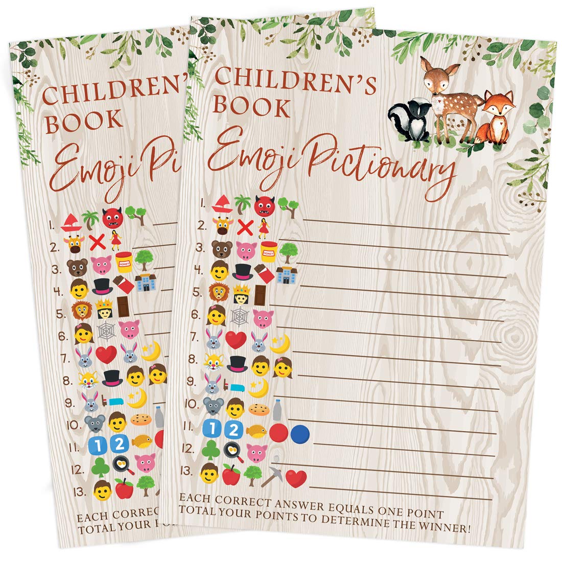 Printed Party Woodland Baby Shower Game - Children'S Book Emoji Pictionary, Set Of 50